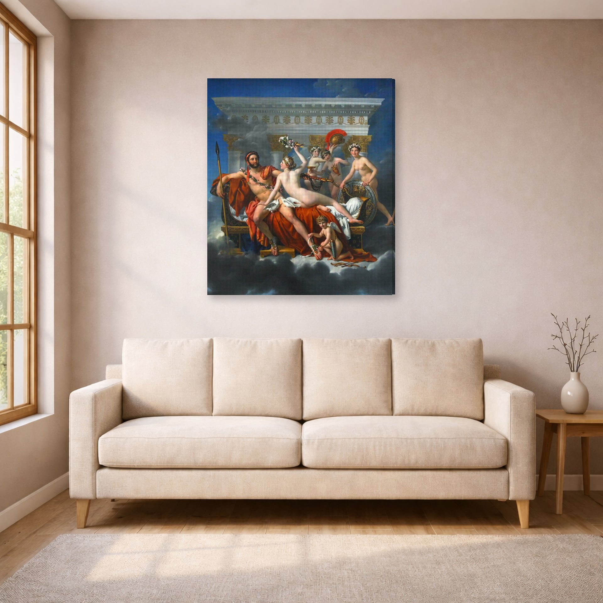 Gallery-wrapped canvas print of Jacques-Louis David's 'Mars Disarmed by Venus' displayed on a wall in a living room