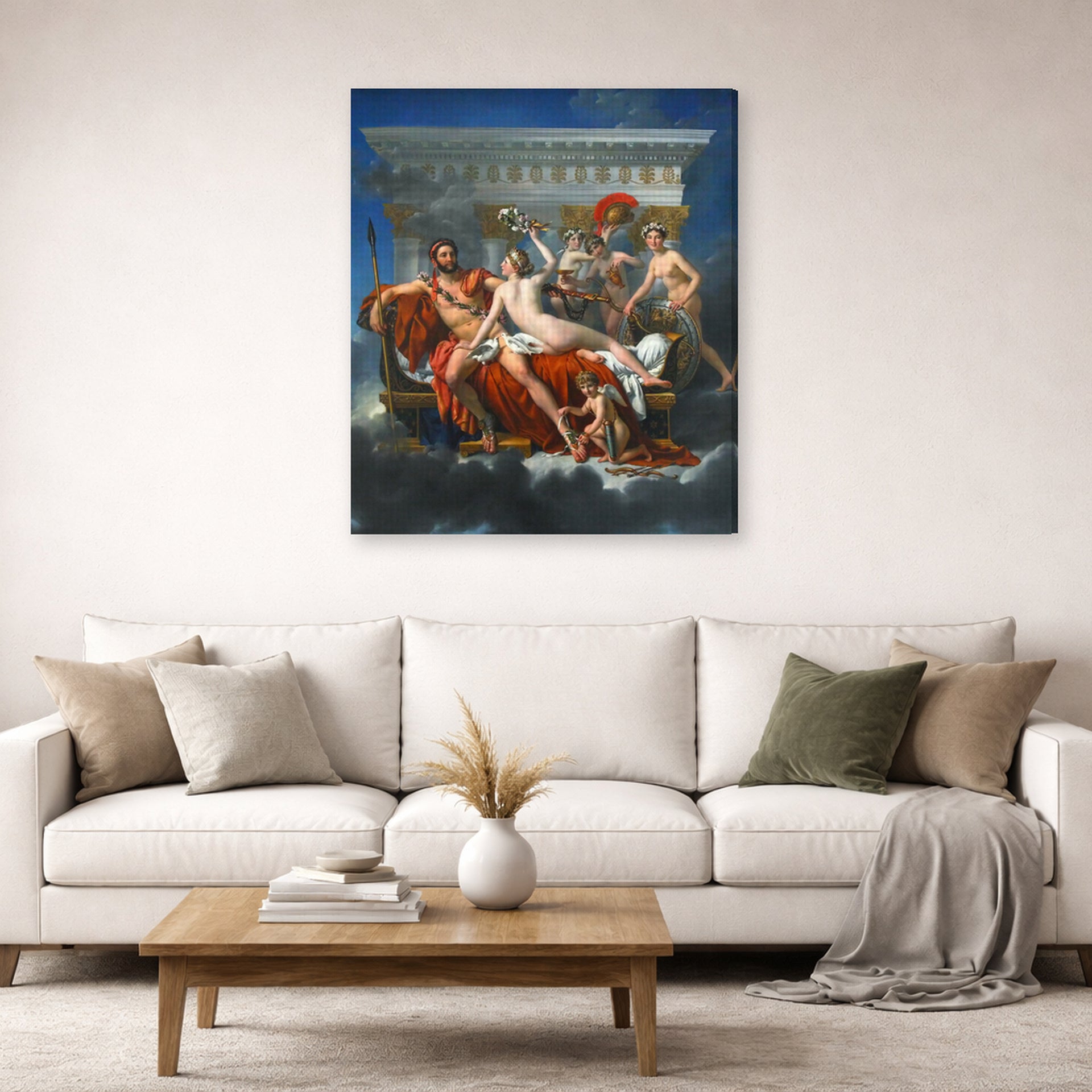 Gallery-wrapped canvas print of Jacques-Louis David's 'Mars Disarmed by Venus' displayed on a wall in a living room