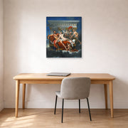 Gallery-wrapped canvas print of Jacques-Louis David's 'Mars Disarmed by Venus' displayed on a wall in an office