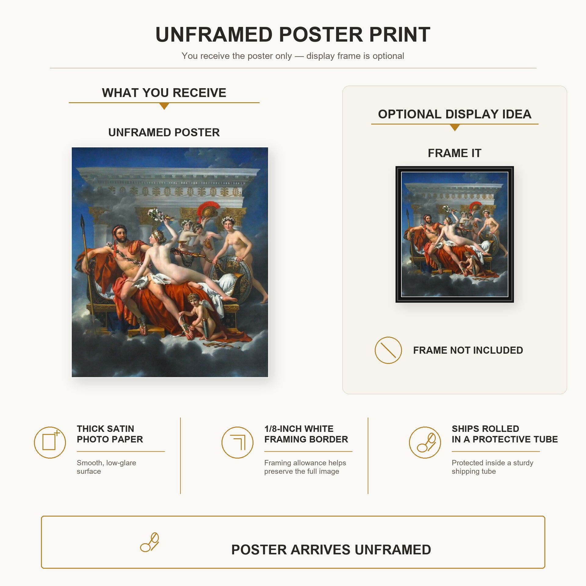 Jacques-Louis David - Mars Disarmed by Venus poster print size comparison and framing display infographic