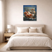 Unframed poster print of Jacques-Louis David's 'Mars Disarmed by Venus' displayed on a wall in a bedroom