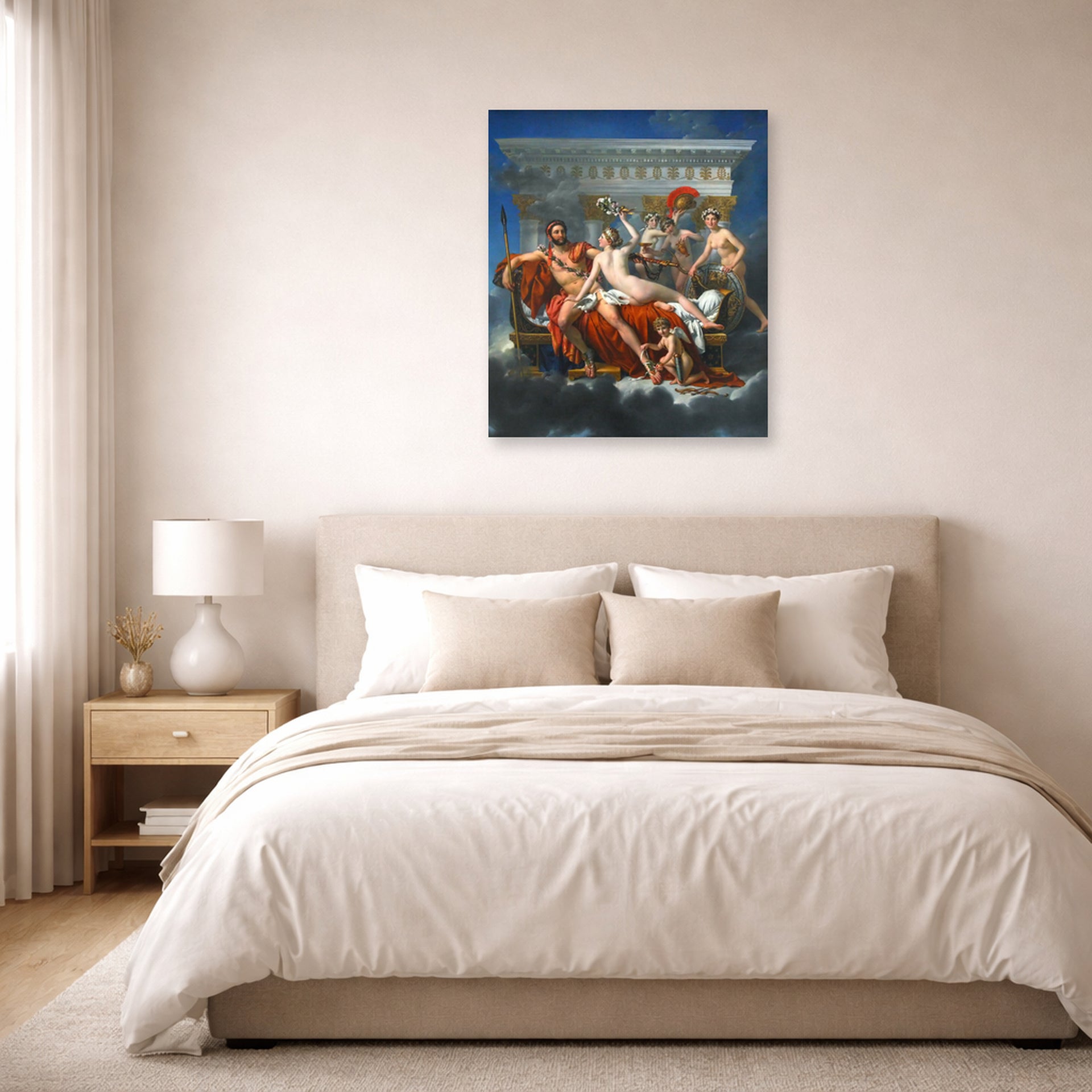 Unframed poster print of Jacques-Louis David's 'Mars Disarmed by Venus' displayed on a wall in a bedroom