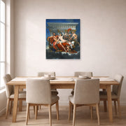 Unframed poster print of Jacques-Louis David's 'Mars Disarmed by Venus' displayed on a wall in a dining room