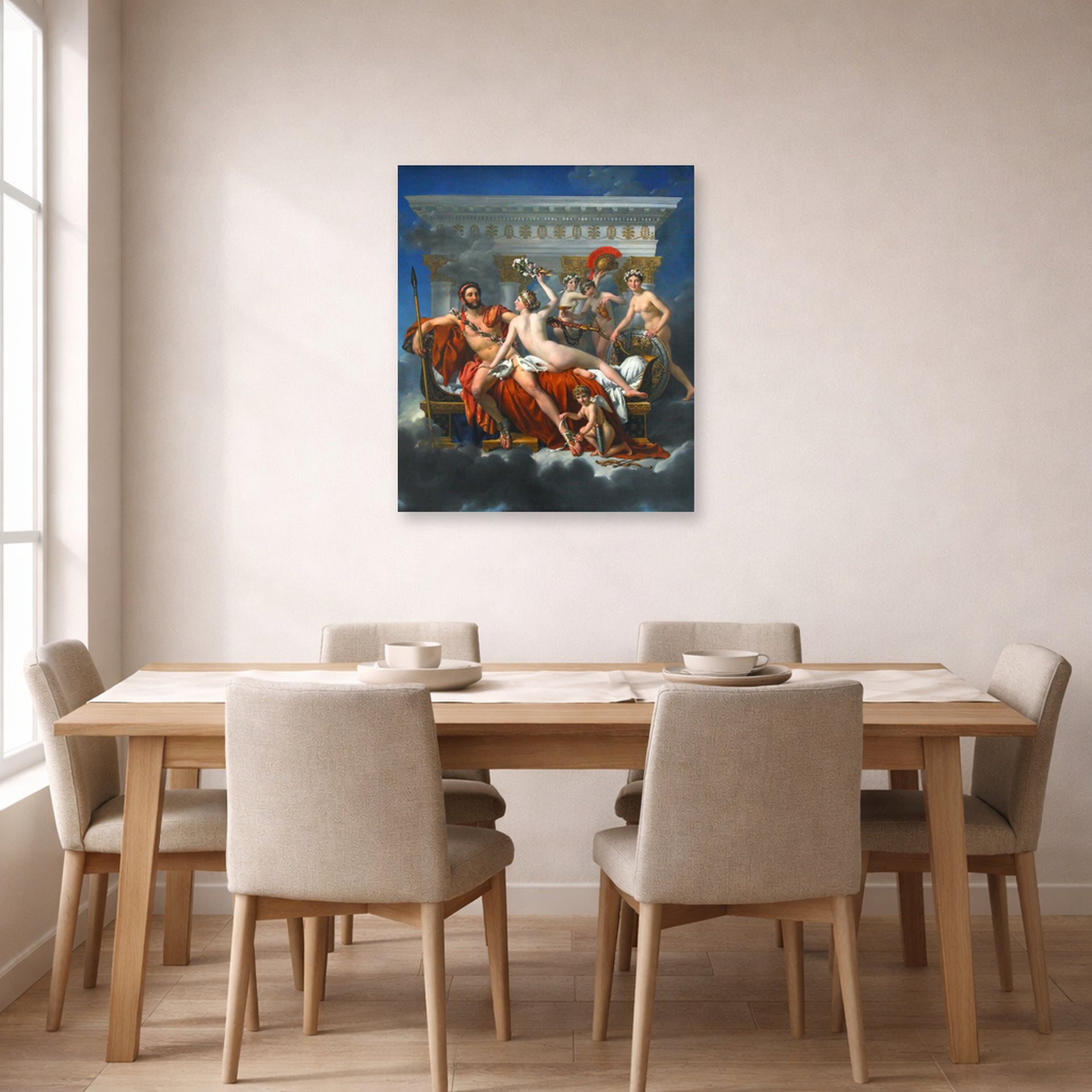 Unframed poster print of Jacques-Louis David's 'Mars Disarmed by Venus' displayed on a wall in a dining room