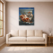 Unframed poster print of Jacques-Louis David's 'Mars Disarmed by Venus' displayed on a wall in a living room