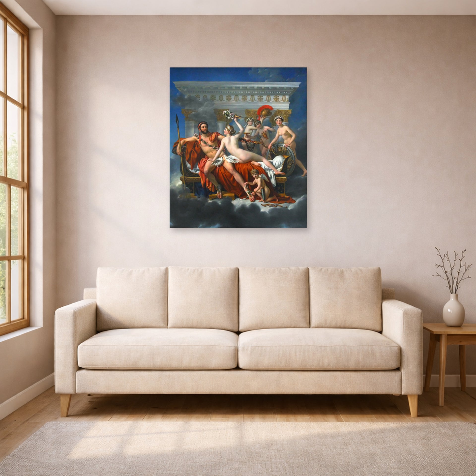 Unframed poster print of Jacques-Louis David's 'Mars Disarmed by Venus' displayed on a wall in a living room
