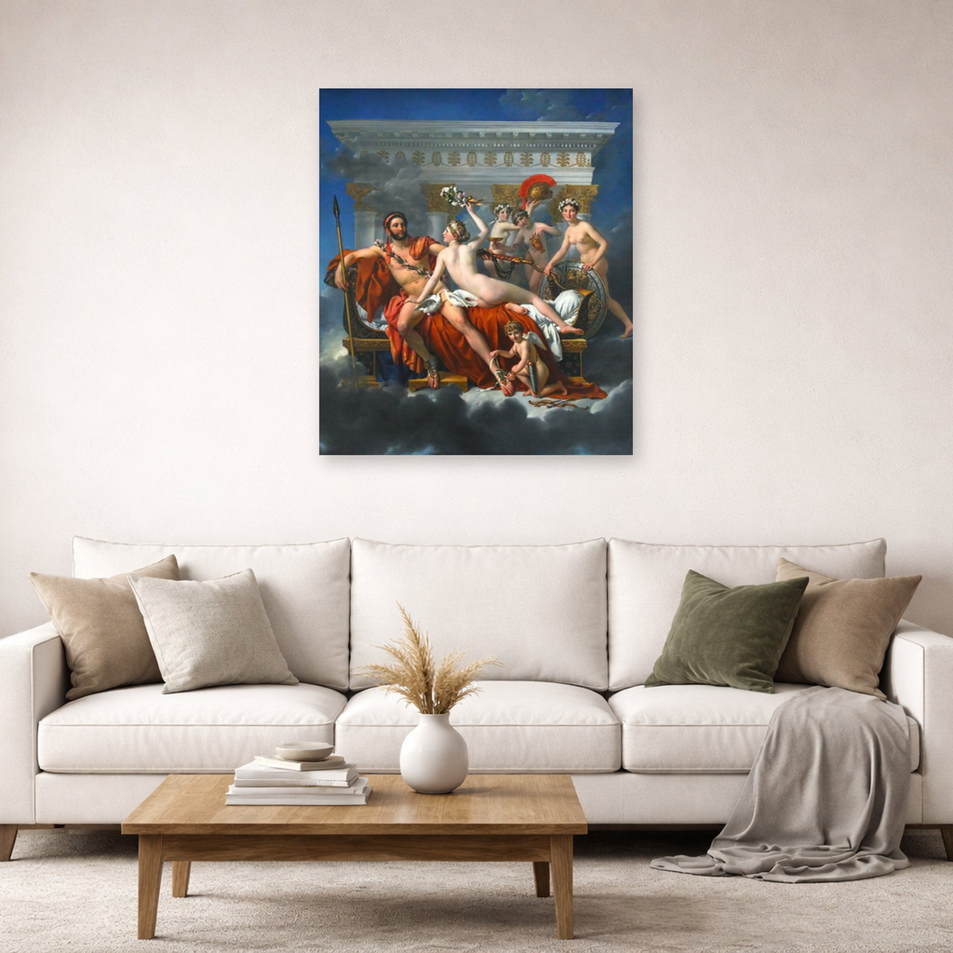 Unframed poster print of Jacques-Louis David's 'Mars Disarmed by Venus' displayed on a wall in a living room