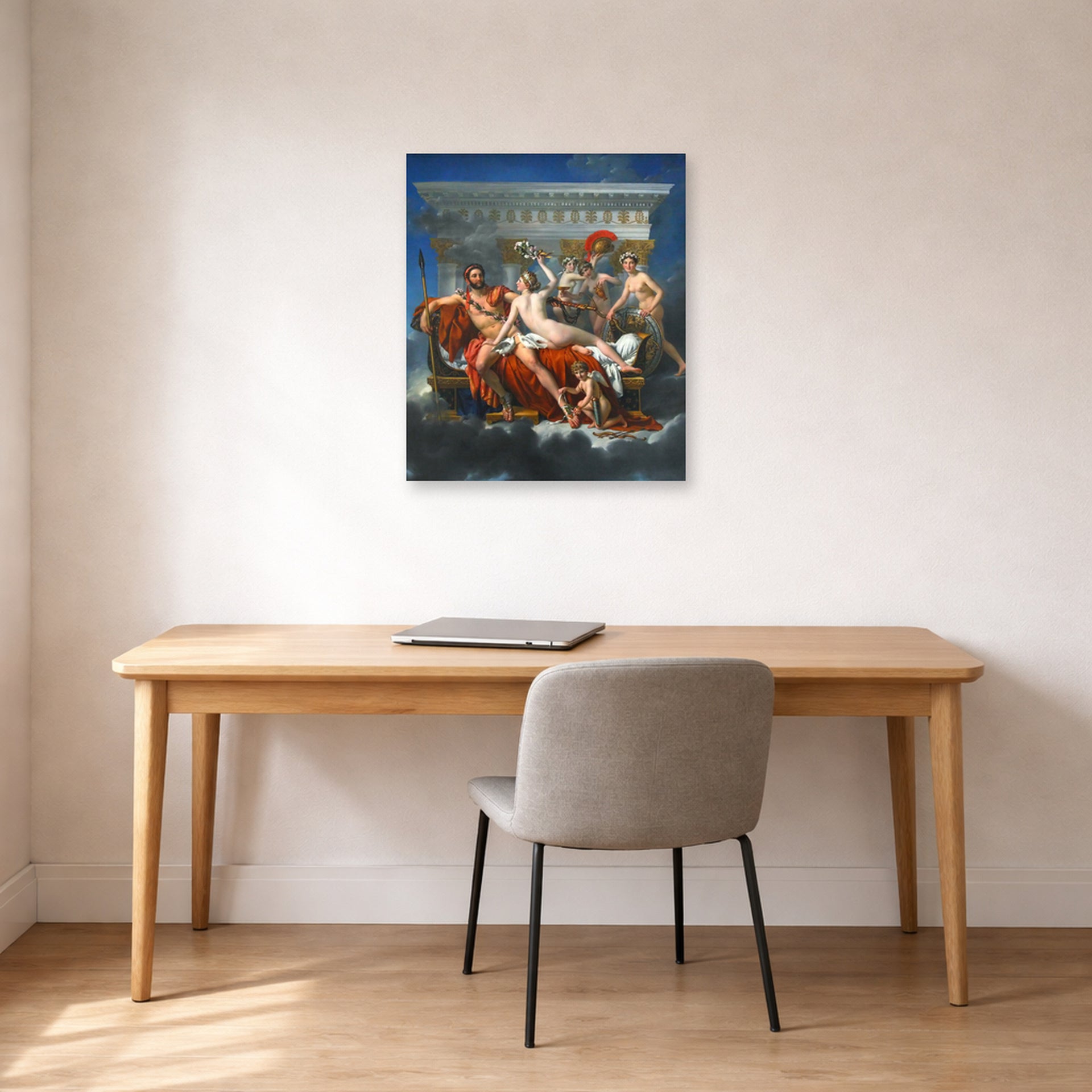 Unframed poster print of Jacques-Louis David's 'Mars Disarmed by Venus' displayed on a wall in an office