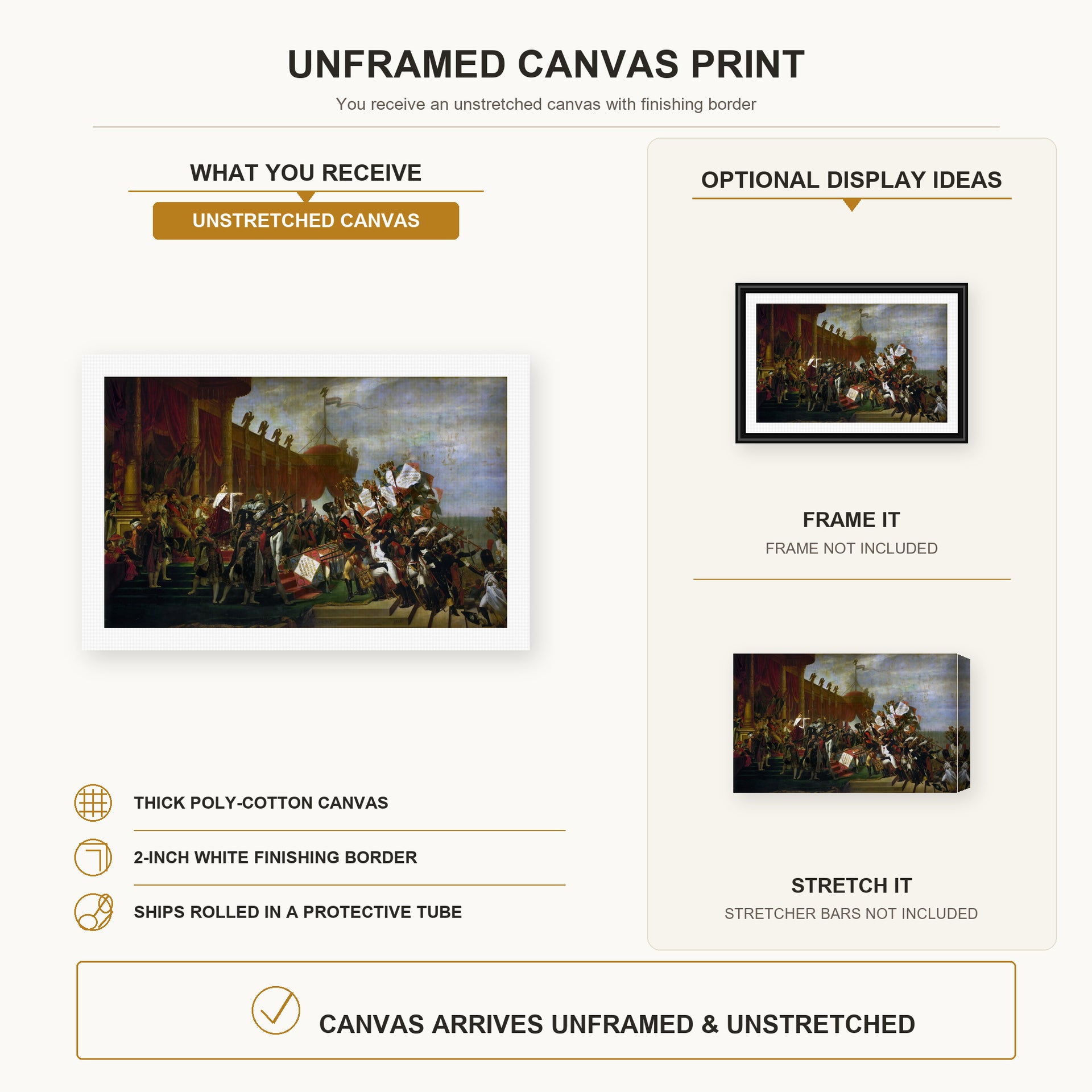 Jacques-Louis David - Oath of Troops to the Emperor after the Deal Eagles canvas print size comparison and framing display infographic