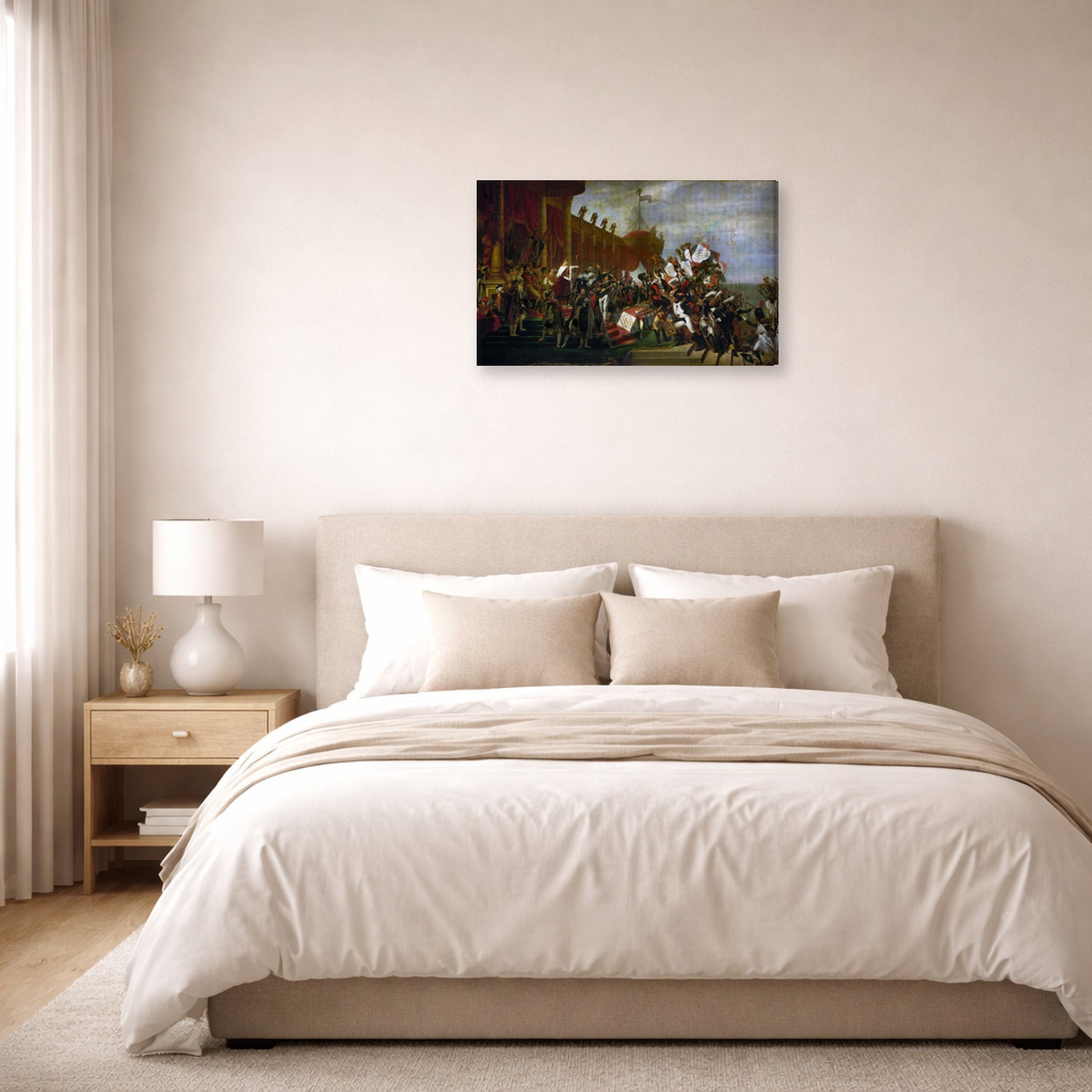 Gallery-wrapped canvas print of Jacques-Louis David's 'Oath of Troops to the Emperor after the Deal Eagles' displayed on a wall in a bedroom