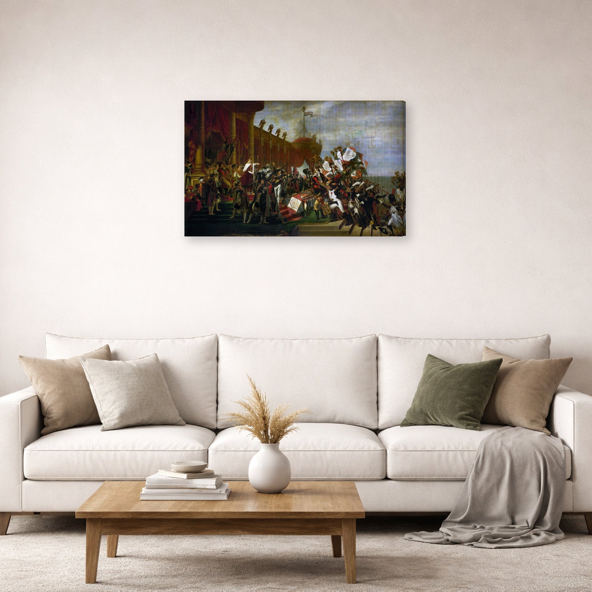 Gallery-wrapped canvas print of Jacques-Louis David's 'Oath of Troops to the Emperor after the Deal Eagles' displayed on a wall in a living room