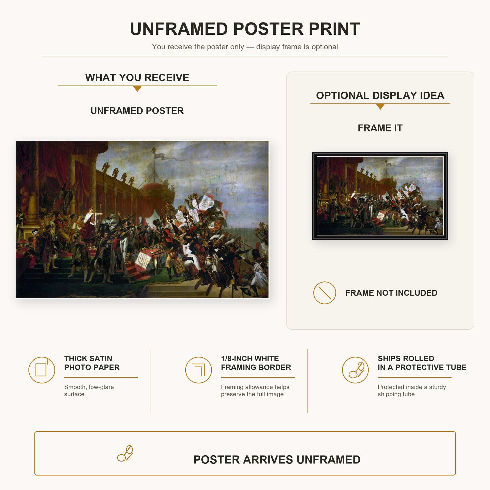 Jacques-Louis David - Oath of Troops to the Emperor after the Deal Eagles poster print size comparison and framing display infographic