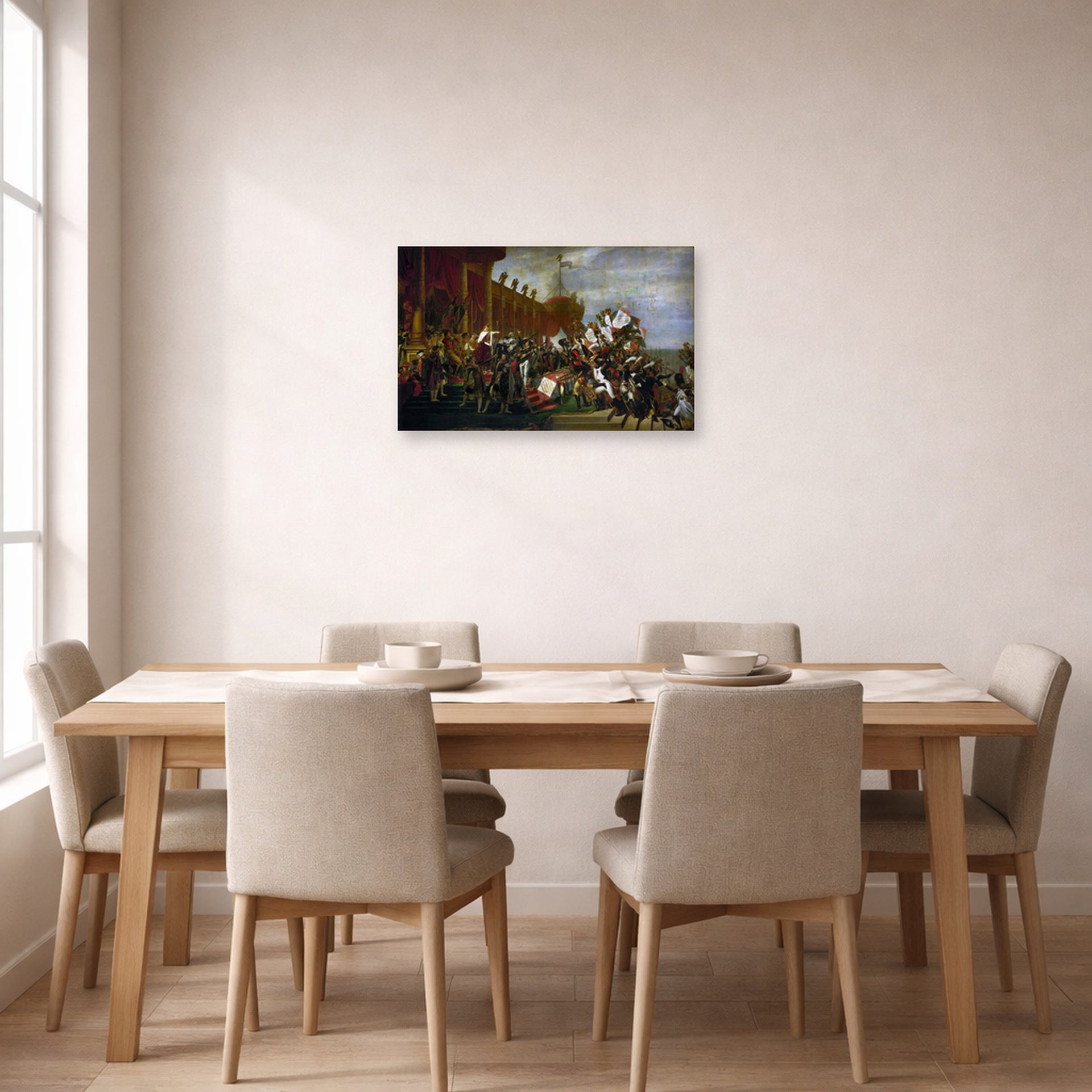 Unframed poster print of Jacques-Louis David's 'Oath of Troops to the Emperor after the Deal Eagles' displayed on a wall in a dining room