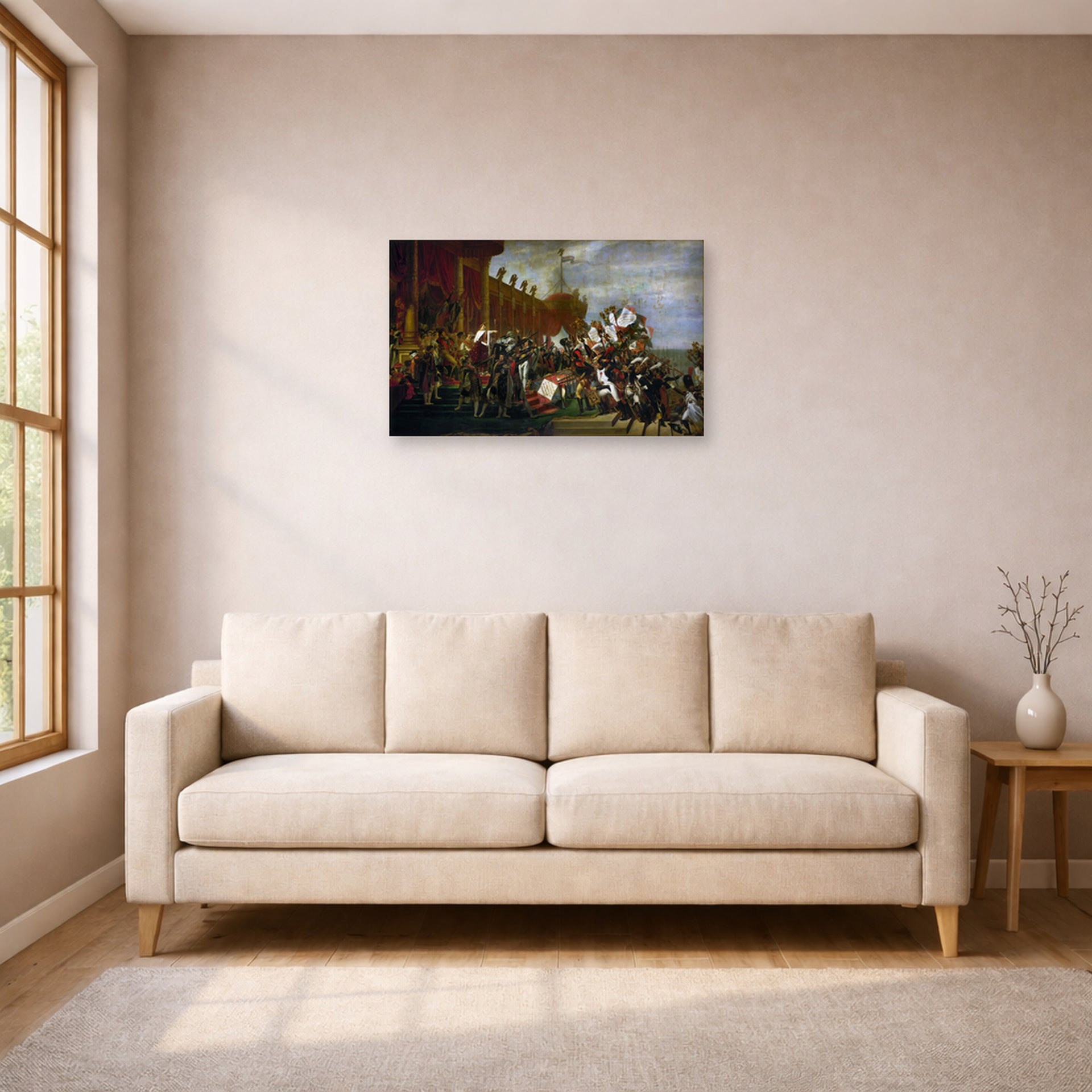 Unframed poster print of Jacques-Louis David's 'Oath of Troops to the Emperor after the Deal Eagles' displayed on a wall in a living room