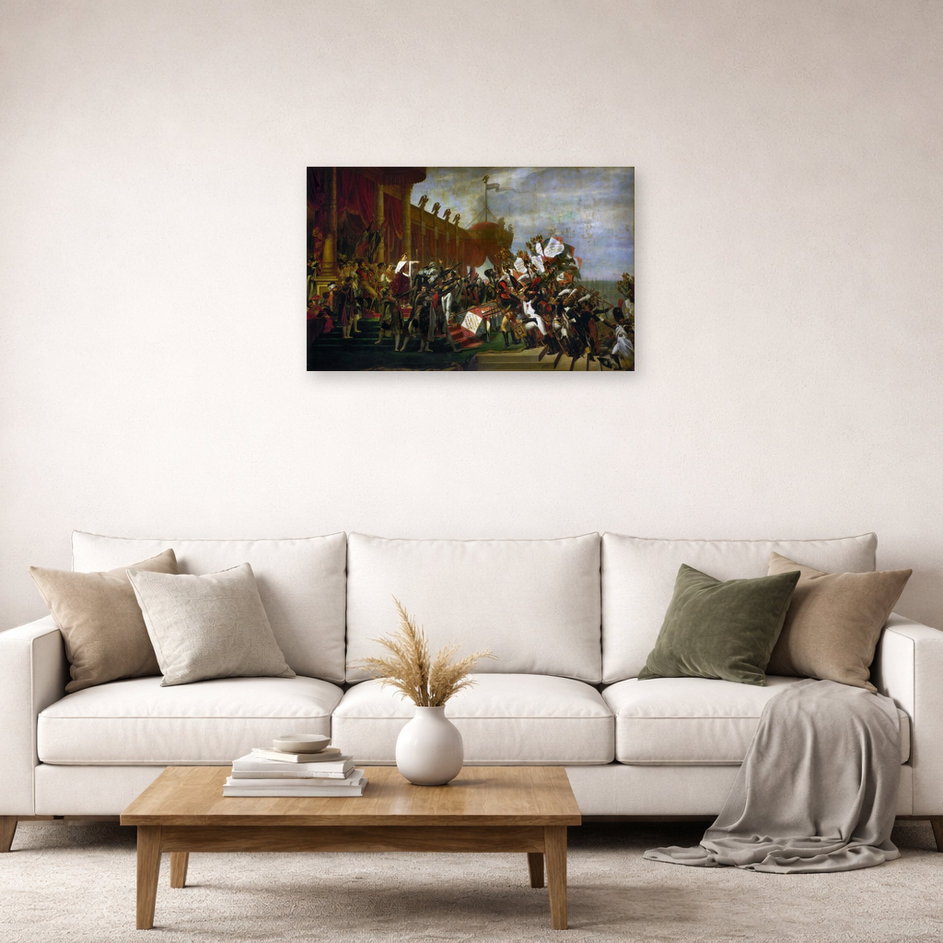 Unframed poster print of Jacques-Louis David's 'Oath of Troops to the Emperor after the Deal Eagles' displayed on a wall in a living room