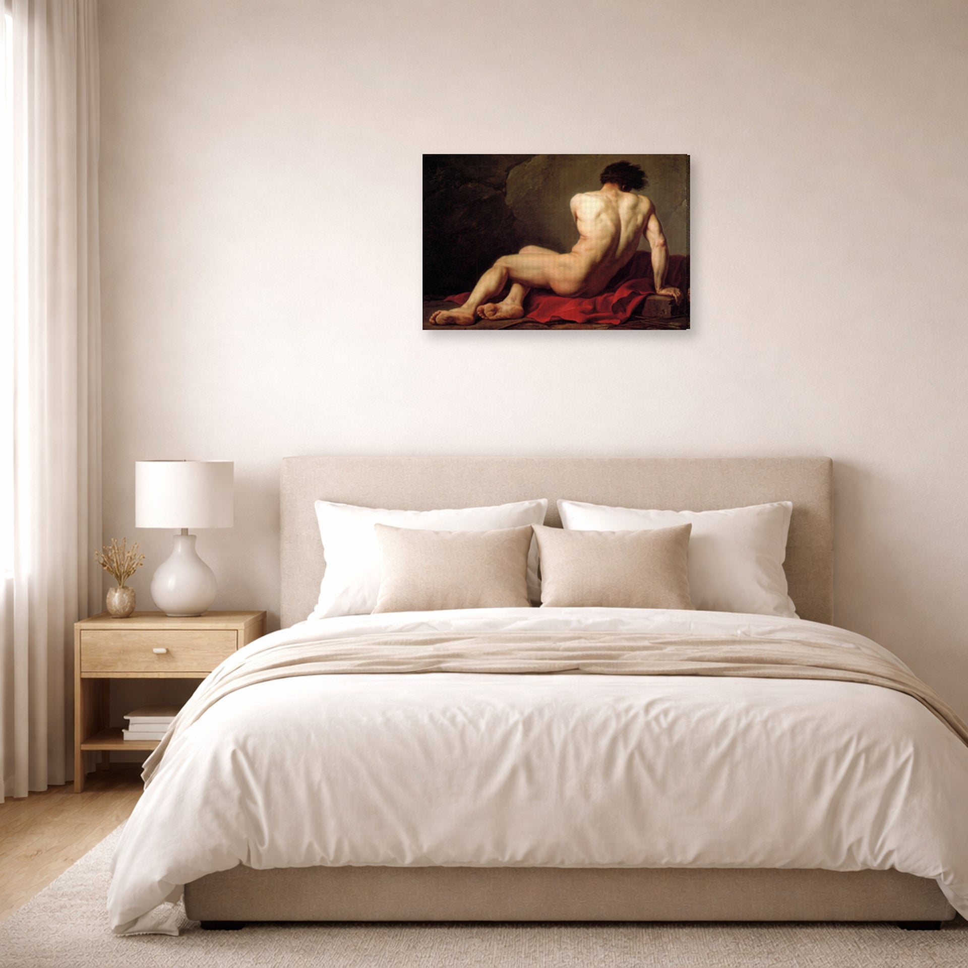 Gallery-wrapped canvas print of Jacques-Louis David's 'Patroclus' displayed on a wall in a bedroom