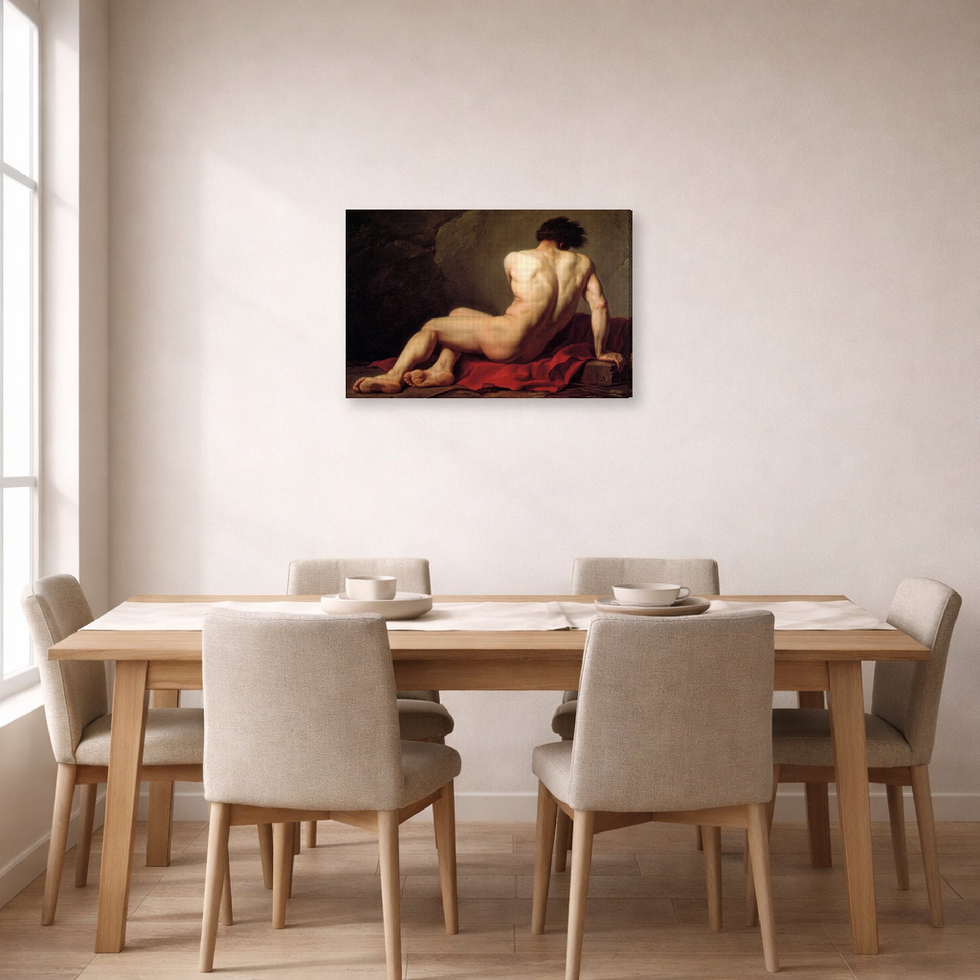 Gallery-wrapped canvas print of Jacques-Louis David's 'Patroclus' displayed on a wall in a dining room