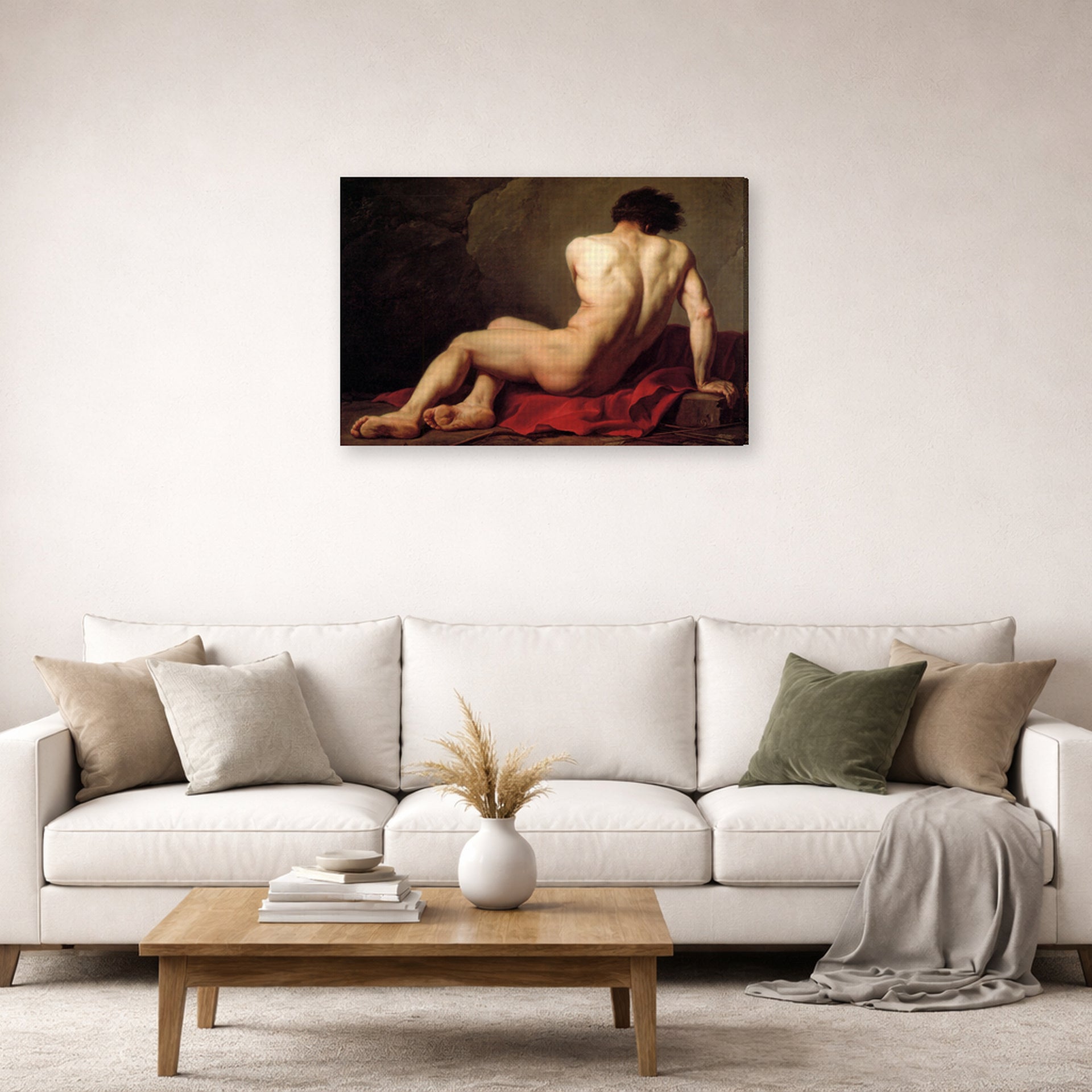 Gallery-wrapped canvas print of Jacques-Louis David's 'Patroclus' displayed on a wall in a living room