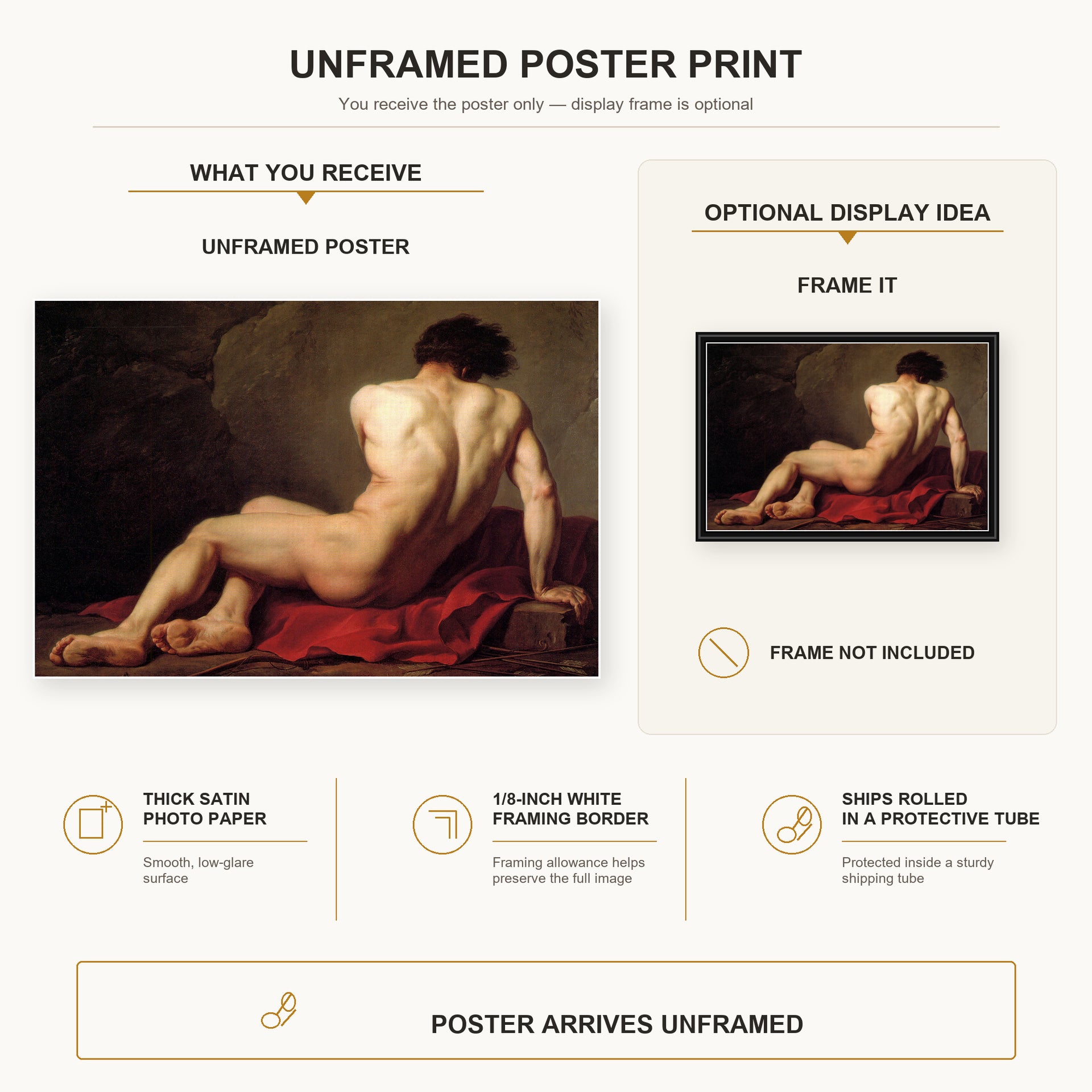 Jacques-Louis David - Patroclus poster print size comparison and framing display infographic