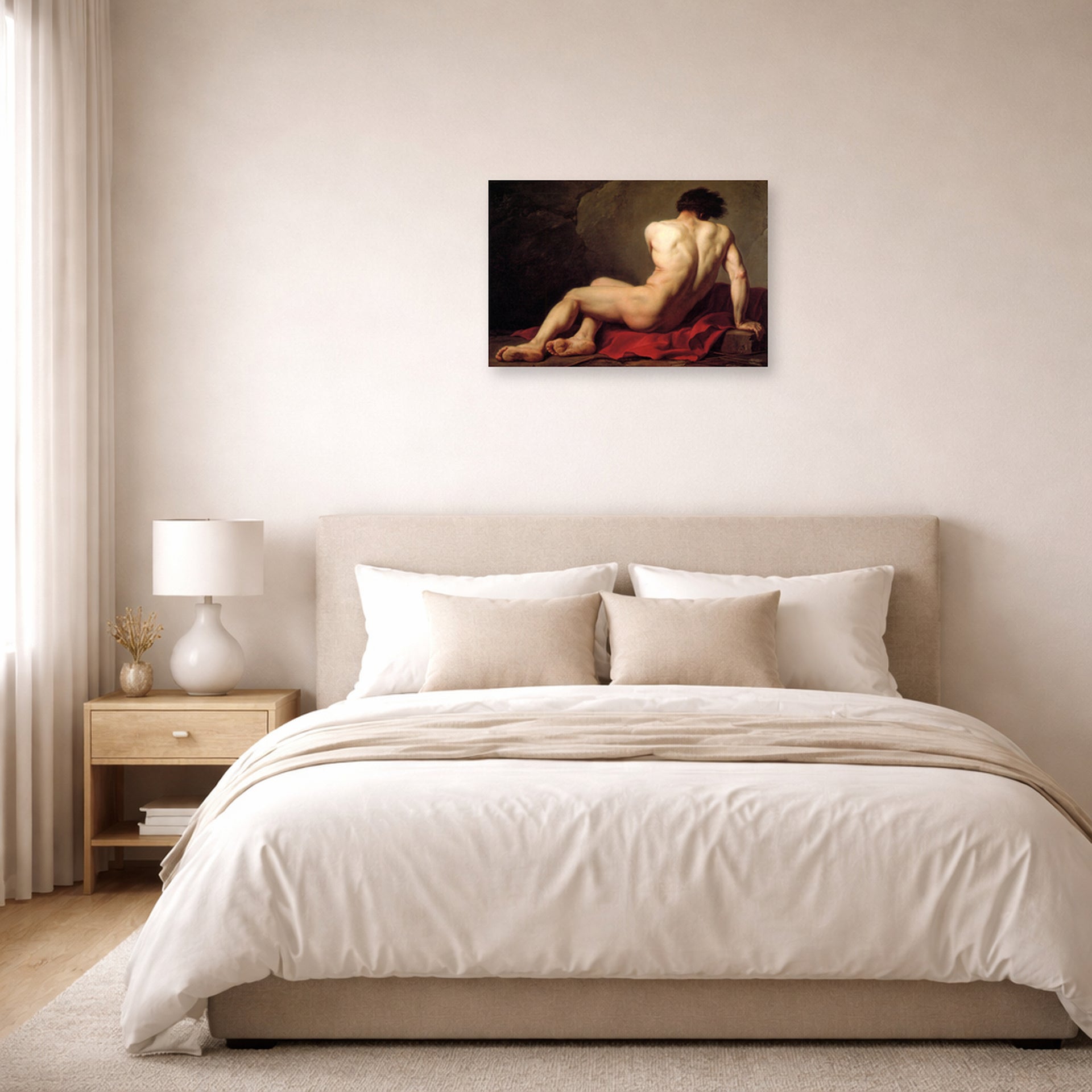 Unframed poster print of Jacques-Louis David's 'Patroclus' displayed on a wall in a bedroom