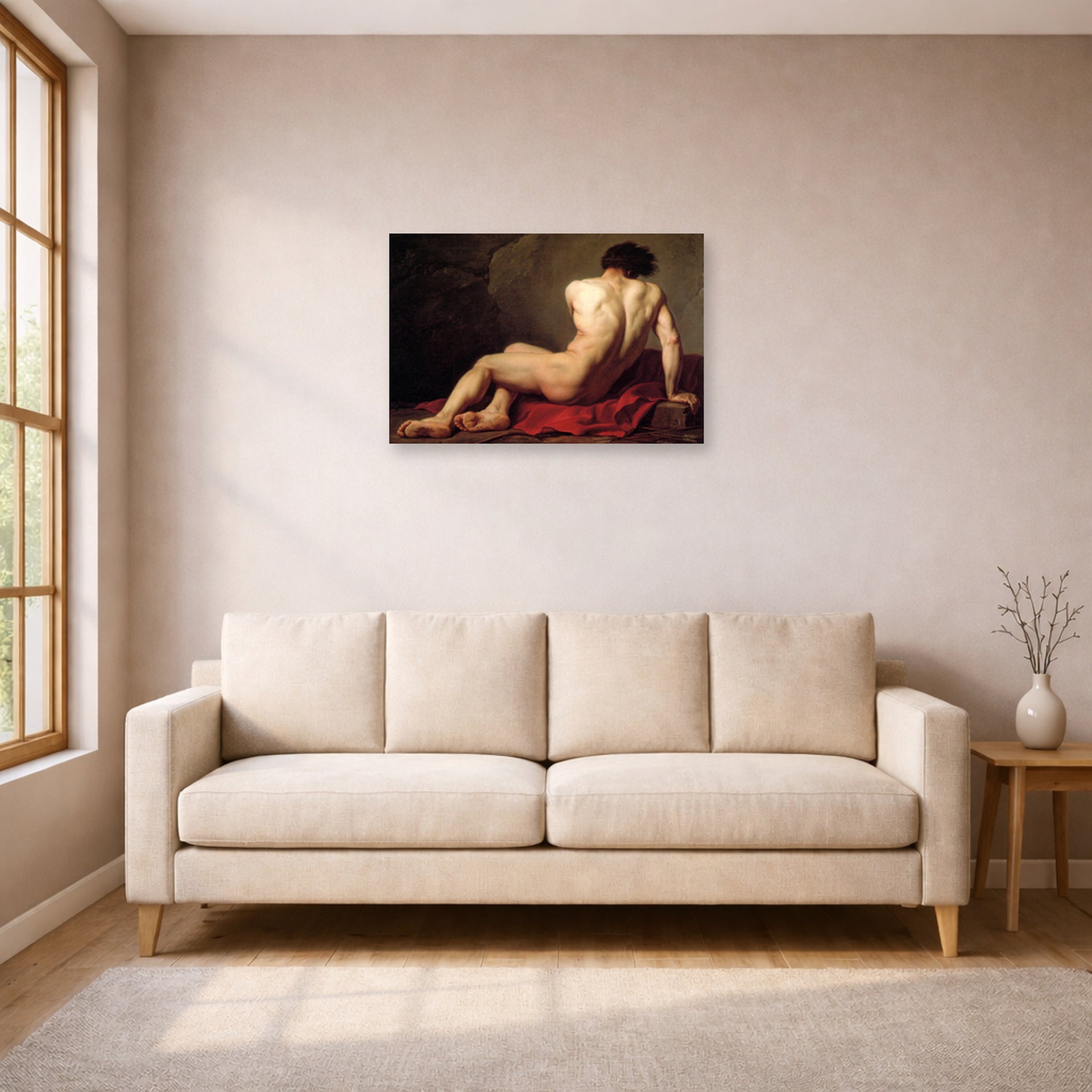 Unframed poster print of Jacques-Louis David's 'Patroclus' displayed on a wall in a living room