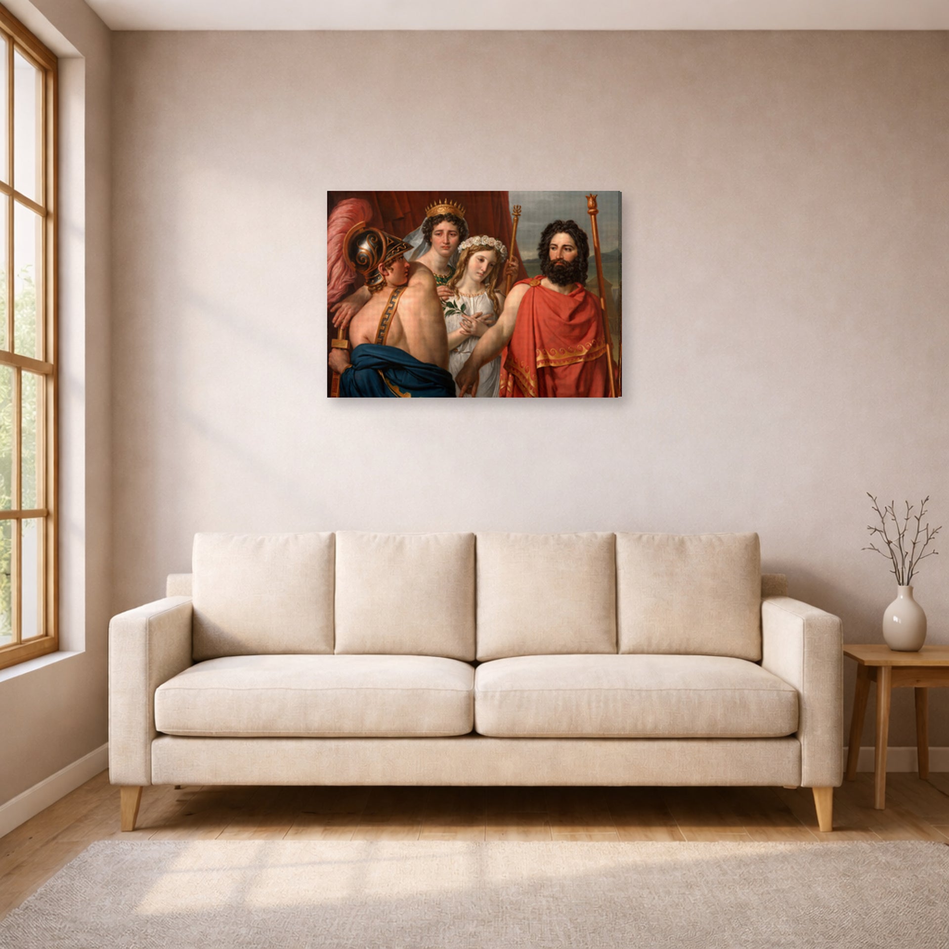Gallery-wrapped canvas print of Jacques-Louis David's 'The Anger of Achilles' displayed on a wall in a living room