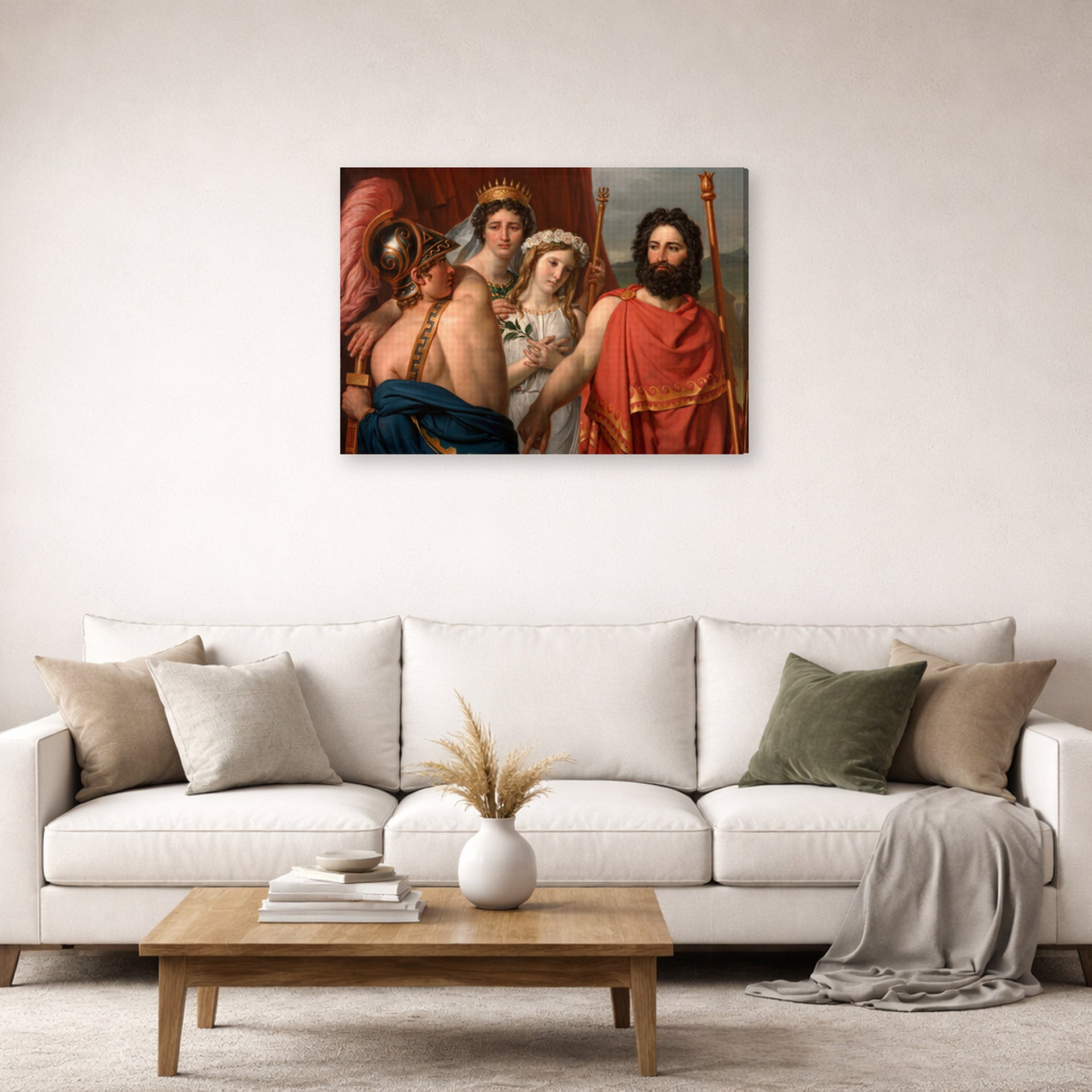Gallery-wrapped canvas print of Jacques-Louis David's 'The Anger of Achilles' displayed on a wall in a living room