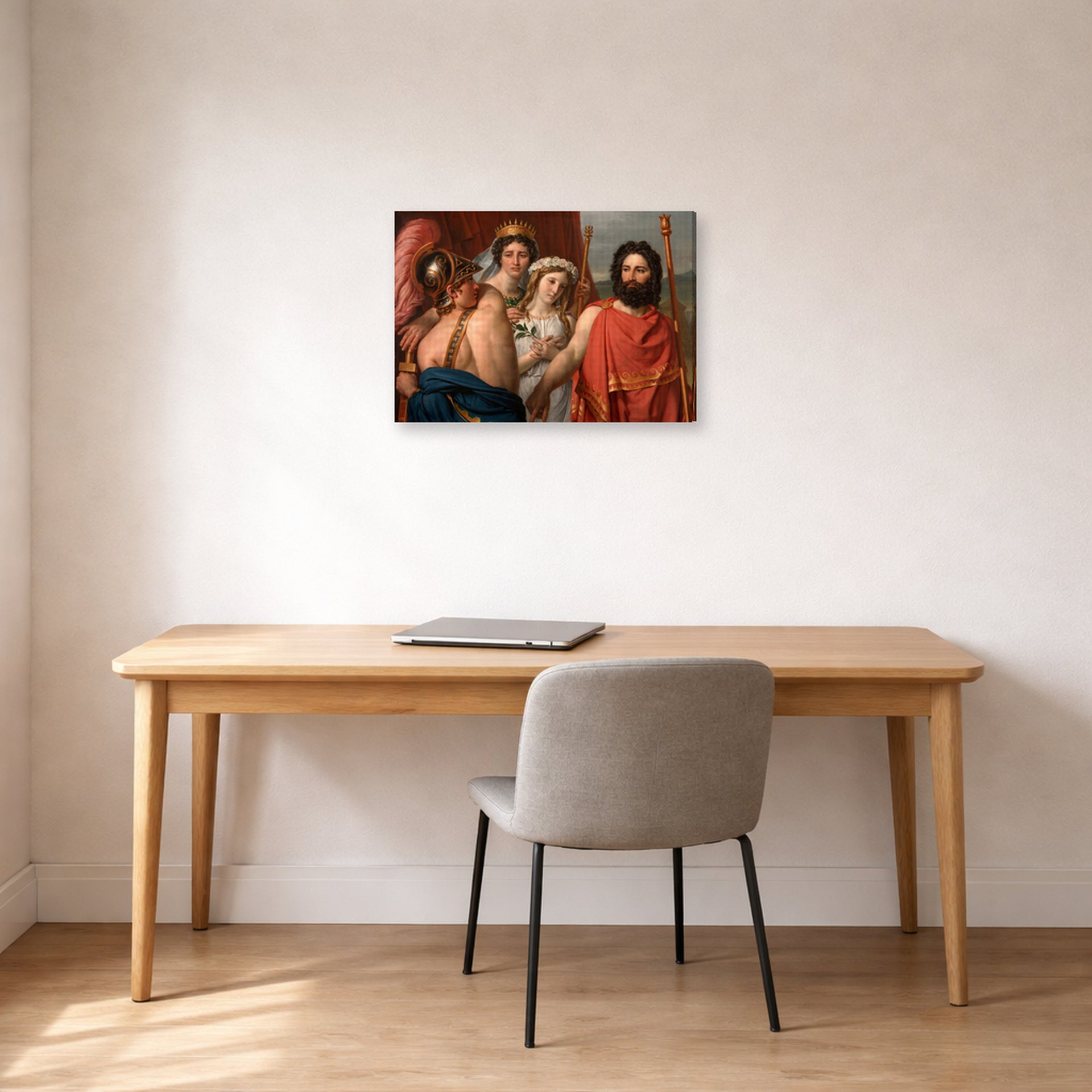 Gallery-wrapped canvas print of Jacques-Louis David's 'The Anger of Achilles' displayed on a wall in an office