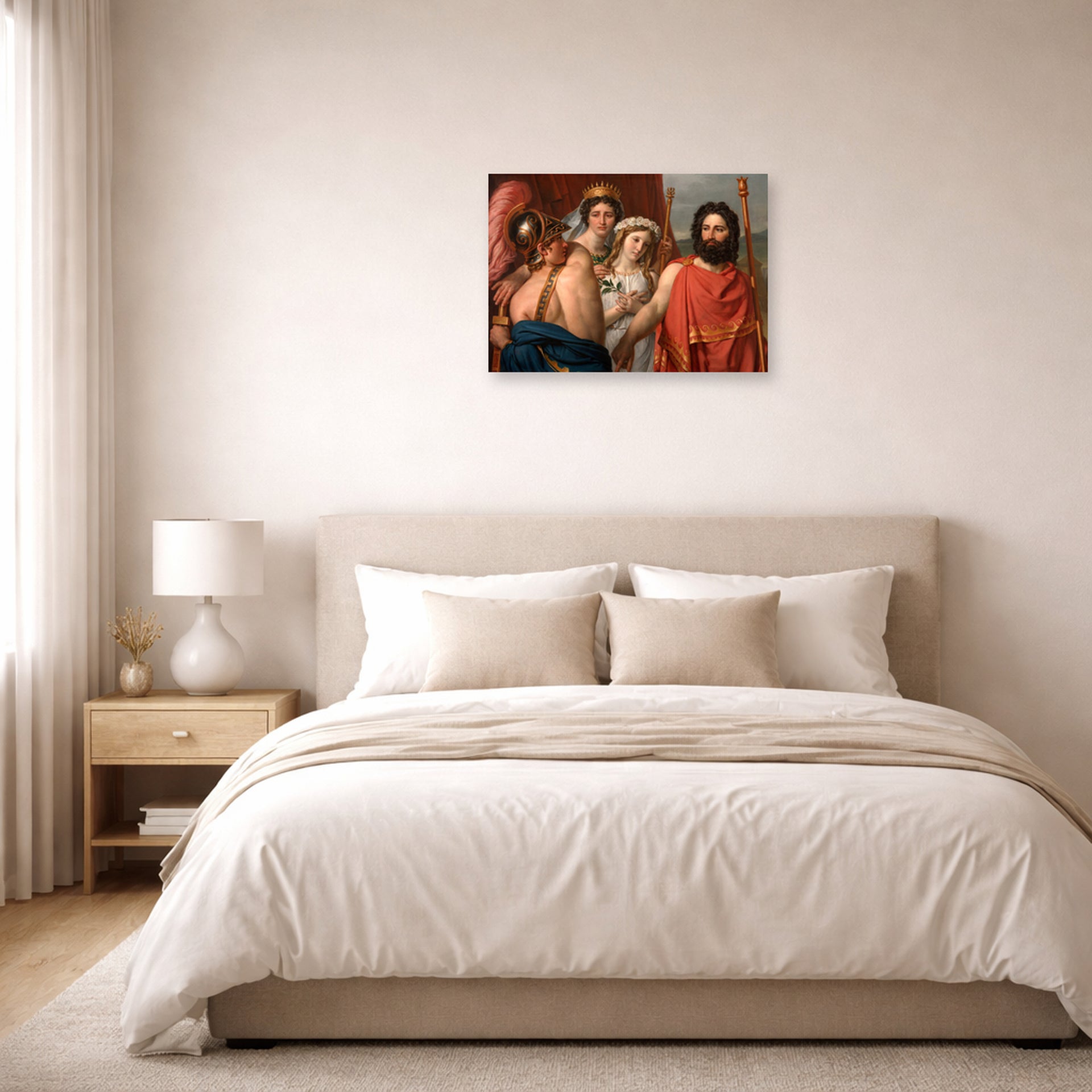 Unframed poster print of Jacques-Louis David's 'The Anger of Achilles' displayed on a wall in a bedroom