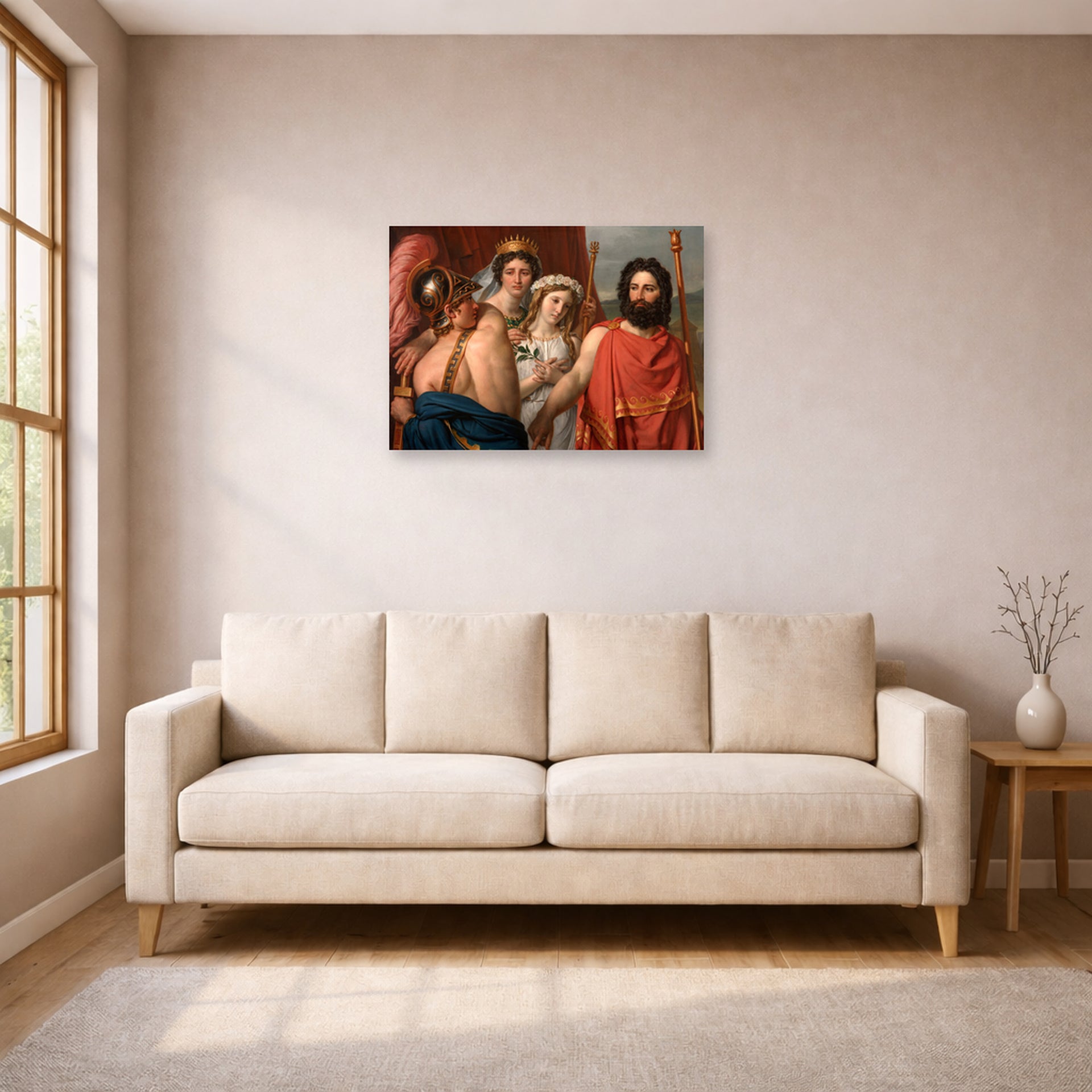 Unframed poster print of Jacques-Louis David's 'The Anger of Achilles' displayed on a wall in a living room