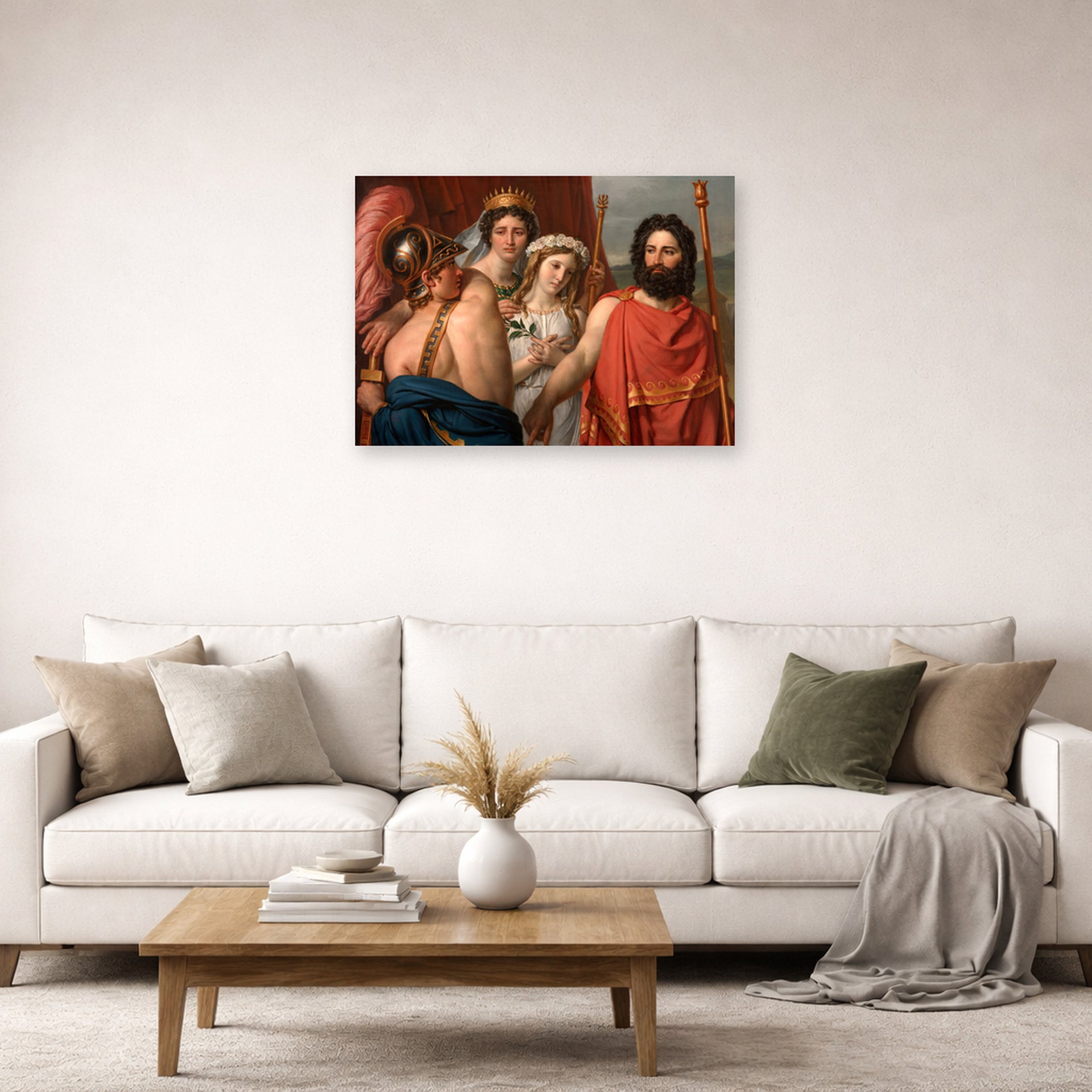 Unframed poster print of Jacques-Louis David's 'The Anger of Achilles' displayed on a wall in a living room