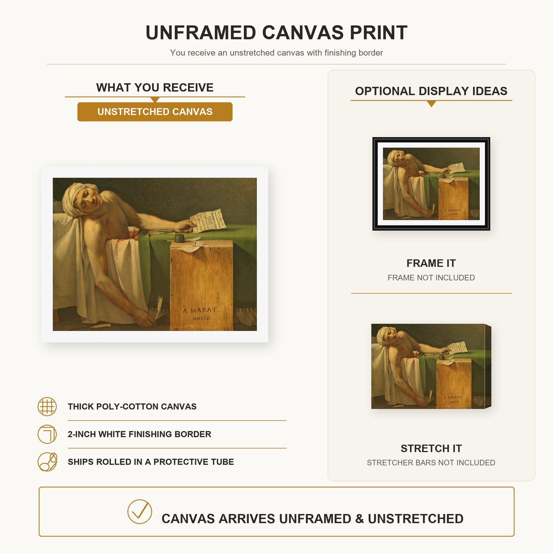 Jacques-Louis David - The Death of Marat canvas print size comparison and framing display infographic