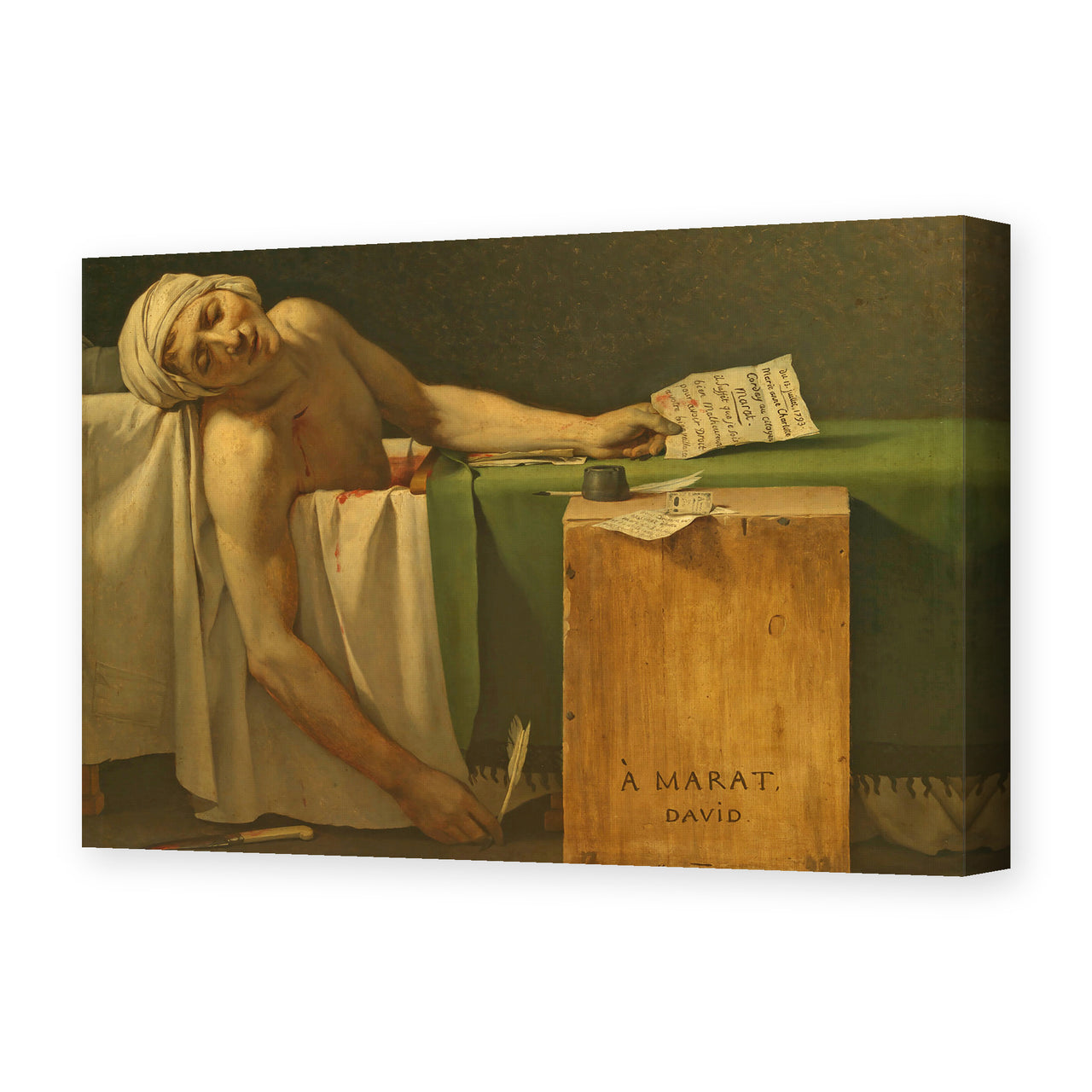 Jacques-Louis David's 'The Death of Marat' painting reproduced as a gallery-wrapped canvas print, David's 1793 tribute to the slain revolutionary leader