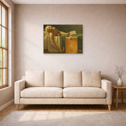 Gallery-wrapped canvas print of Jacques-Louis David's 'The Death of Marat' displayed on a wall in a living room