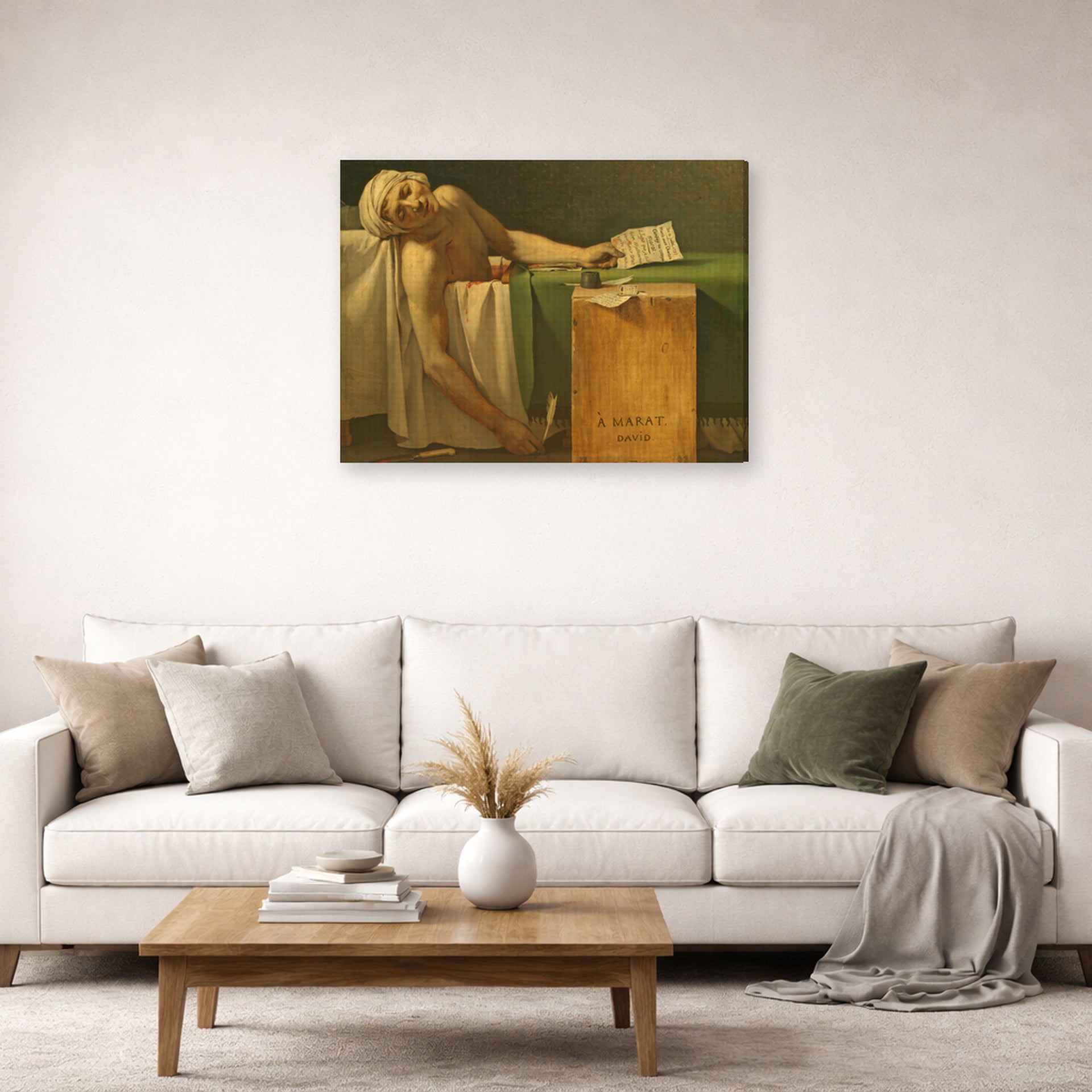 Gallery-wrapped canvas print of Jacques-Louis David's 'The Death of Marat' displayed on a wall in a living room