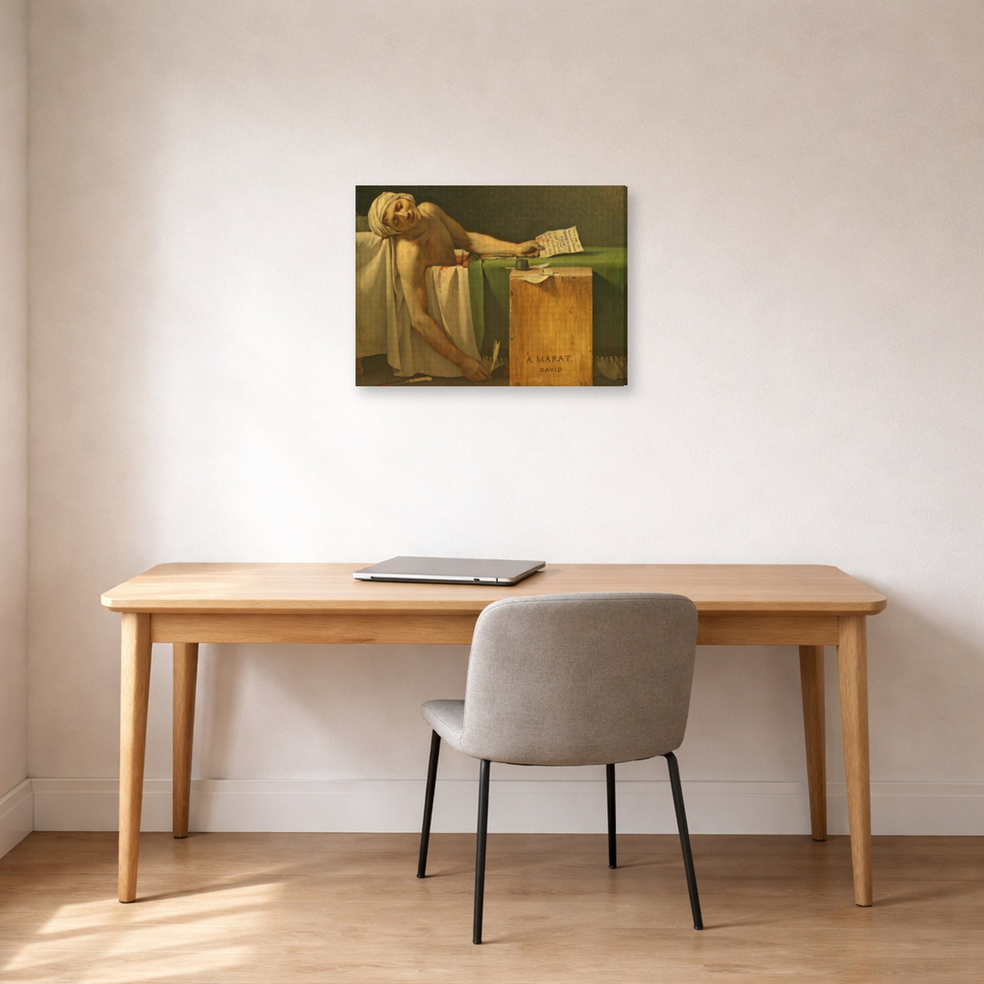 Gallery-wrapped canvas print of Jacques-Louis David's 'The Death of Marat' displayed on a wall in an office