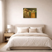 Unframed poster print of Jacques-Louis David's 'The Death of Marat' displayed on a wall in a bedroom