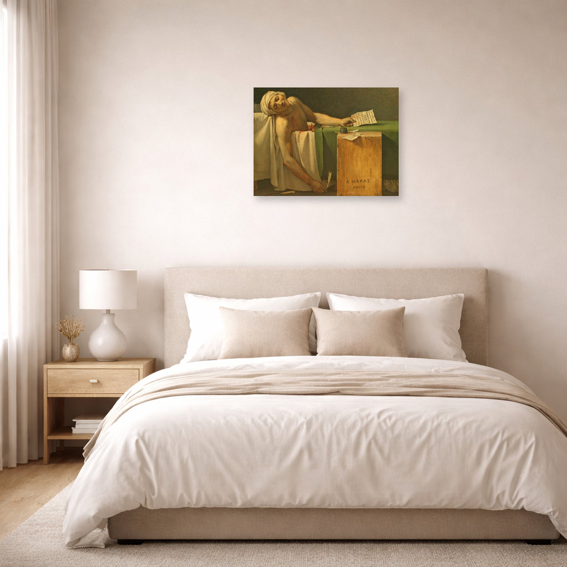 Unframed poster print of Jacques-Louis David's 'The Death of Marat' displayed on a wall in a bedroom