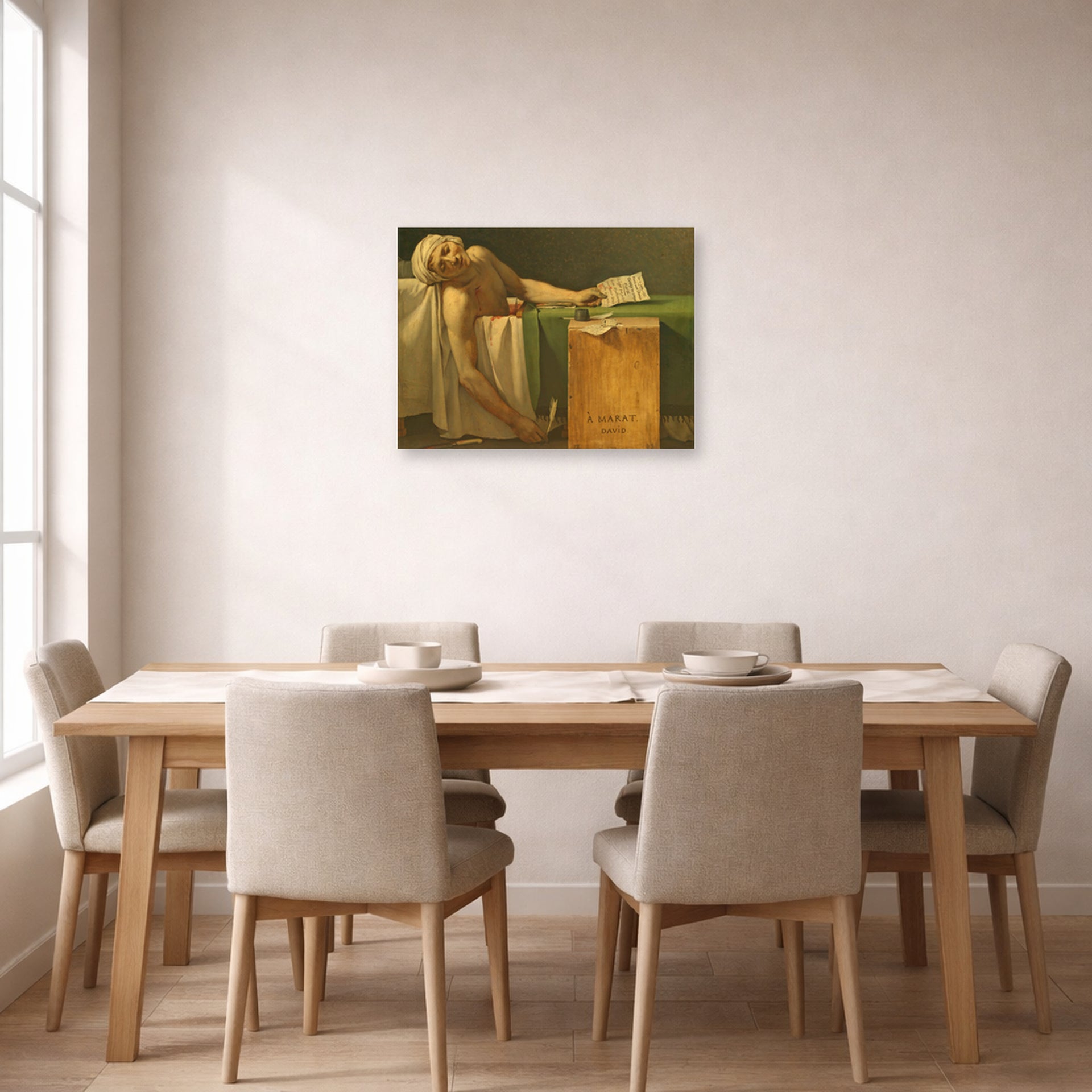 Unframed poster print of Jacques-Louis David's 'The Death of Marat' displayed on a wall in a dining room