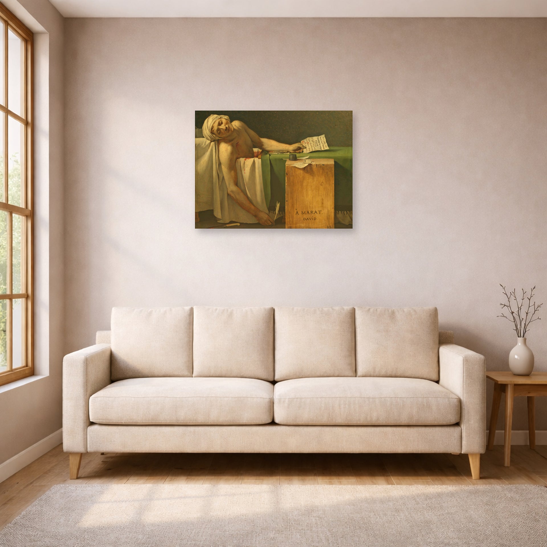 Unframed poster print of Jacques-Louis David's 'The Death of Marat' displayed on a wall in a living room