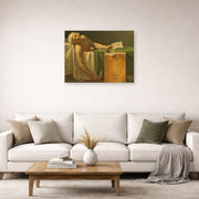 Unframed poster print of Jacques-Louis David's 'The Death of Marat' displayed on a wall in a living room