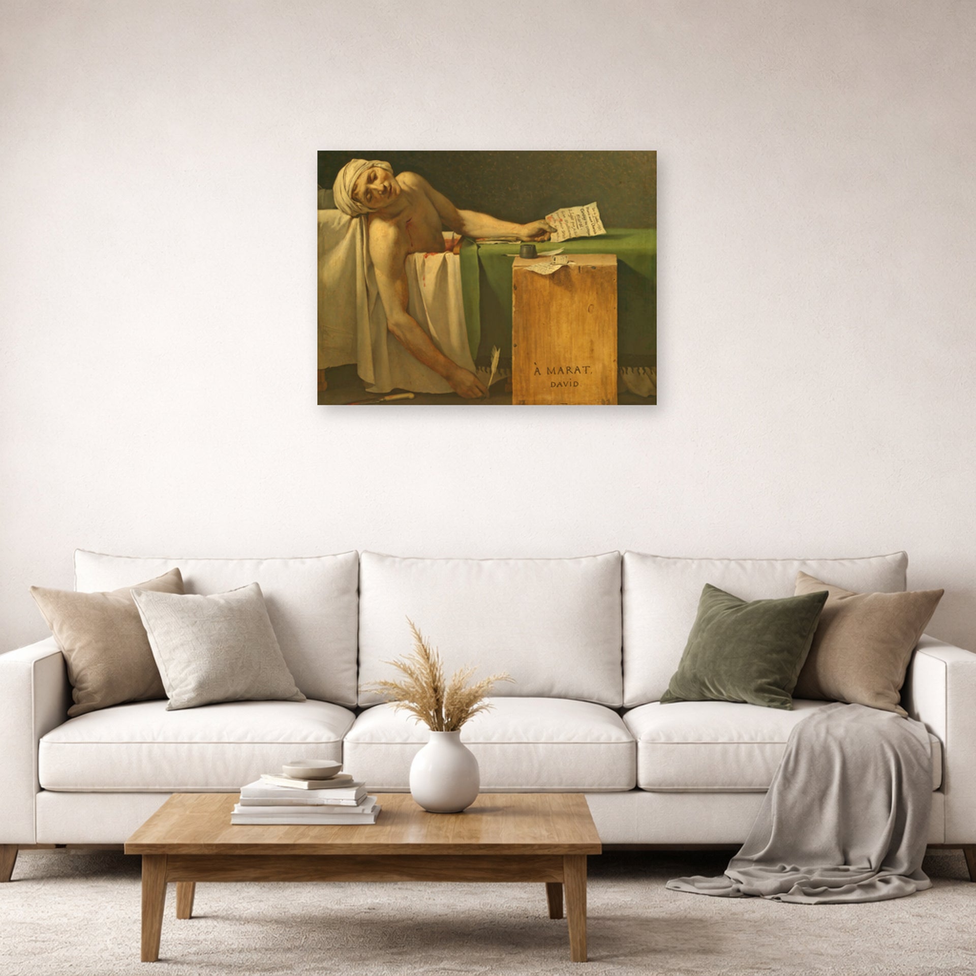 Unframed poster print of Jacques-Louis David's 'The Death of Marat' displayed on a wall in a living room