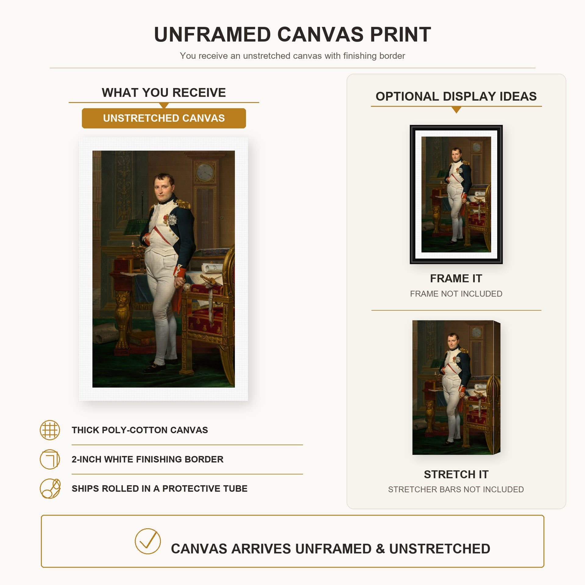 Jacques-Louis David - The Emperor Napoleon in His Study at the Tuileries canvas print size comparison and framing display infographic