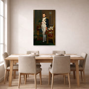 Gallery-wrapped canvas print of Jacques-Louis David's 'The Emperor Napoleon in His Study at the Tuileries' displayed on a wall in a dining room