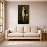 Gallery-wrapped canvas print of Jacques-Louis David's 'The Emperor Napoleon in His Study at the Tuileries' displayed on a wall in a living room