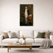 Gallery-wrapped canvas print of Jacques-Louis David's 'The Emperor Napoleon in His Study at the Tuileries' displayed on a wall in a living room