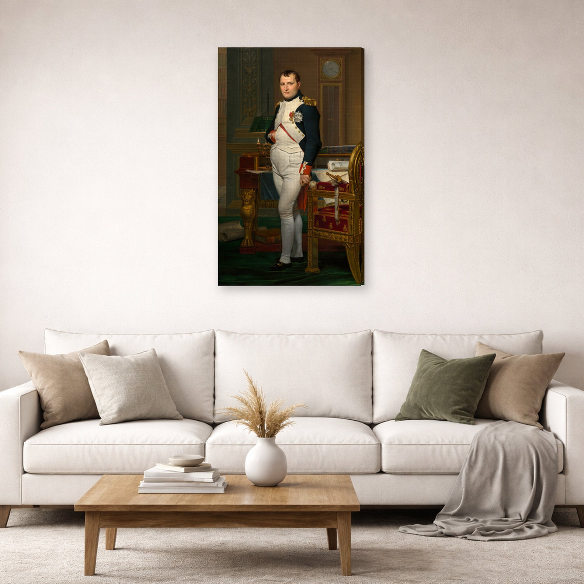 Gallery-wrapped canvas print of Jacques-Louis David's 'The Emperor Napoleon in His Study at the Tuileries' displayed on a wall in a living room