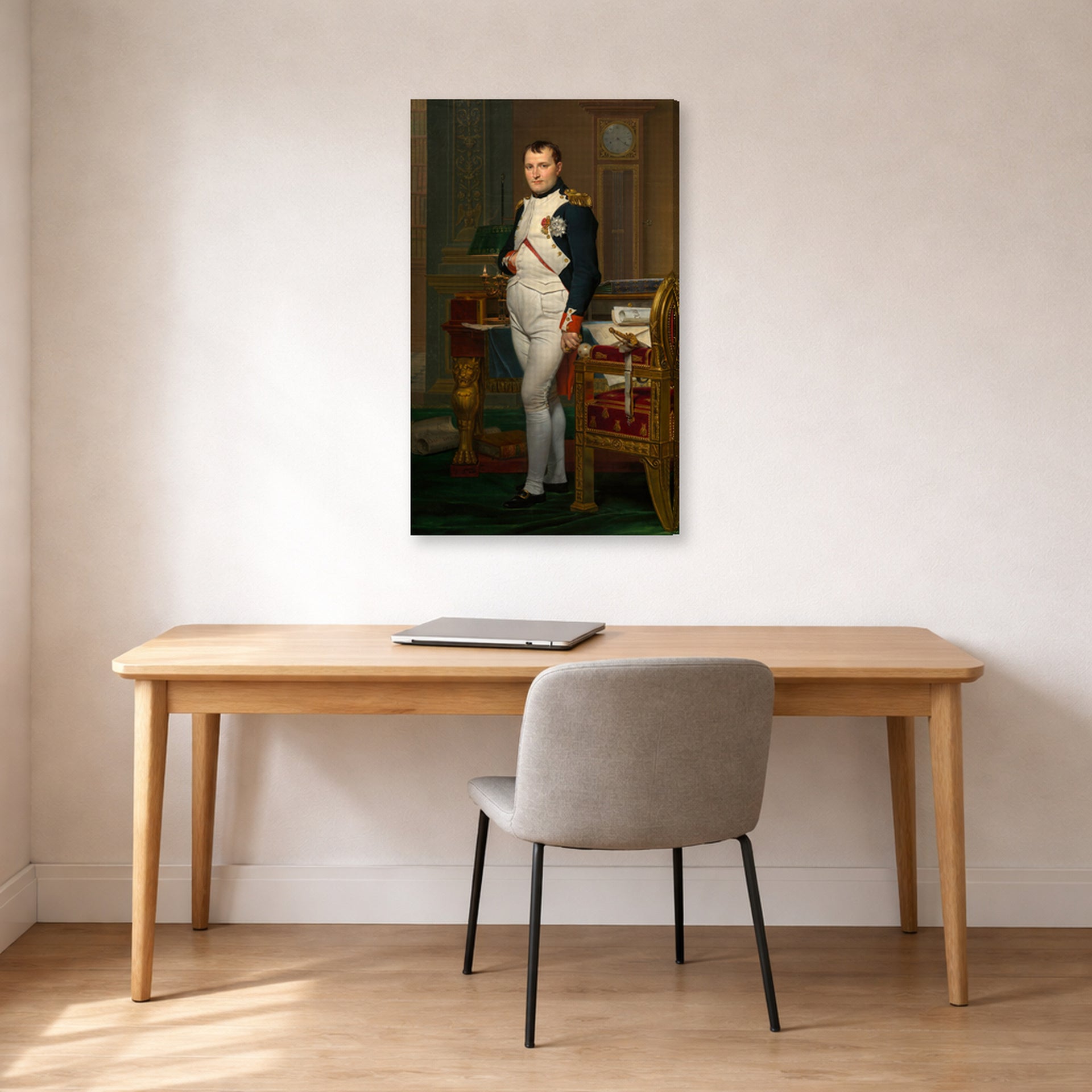 Gallery-wrapped canvas print of Jacques-Louis David's 'The Emperor Napoleon in His Study at the Tuileries' displayed on a wall in an office
