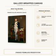 Jacques-Louis David - The Emperor Napoleon in His Study at the Tuileries gallery wrap canvas construction and hanging details infographic