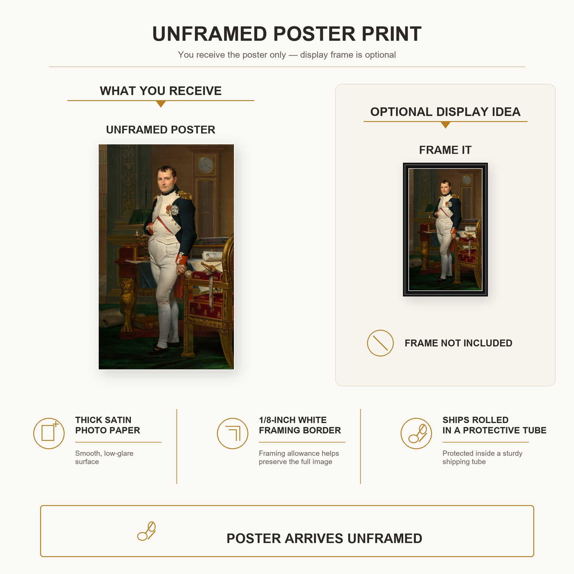 Jacques-Louis David - The Emperor Napoleon in His Study at the Tuileries poster print size comparison and framing display infographic